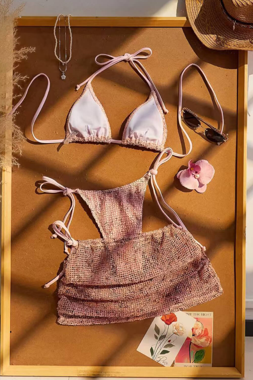 Sequin Halterneck Triangle Side-Tie Bikini Set With Cover Up Mini Skirt