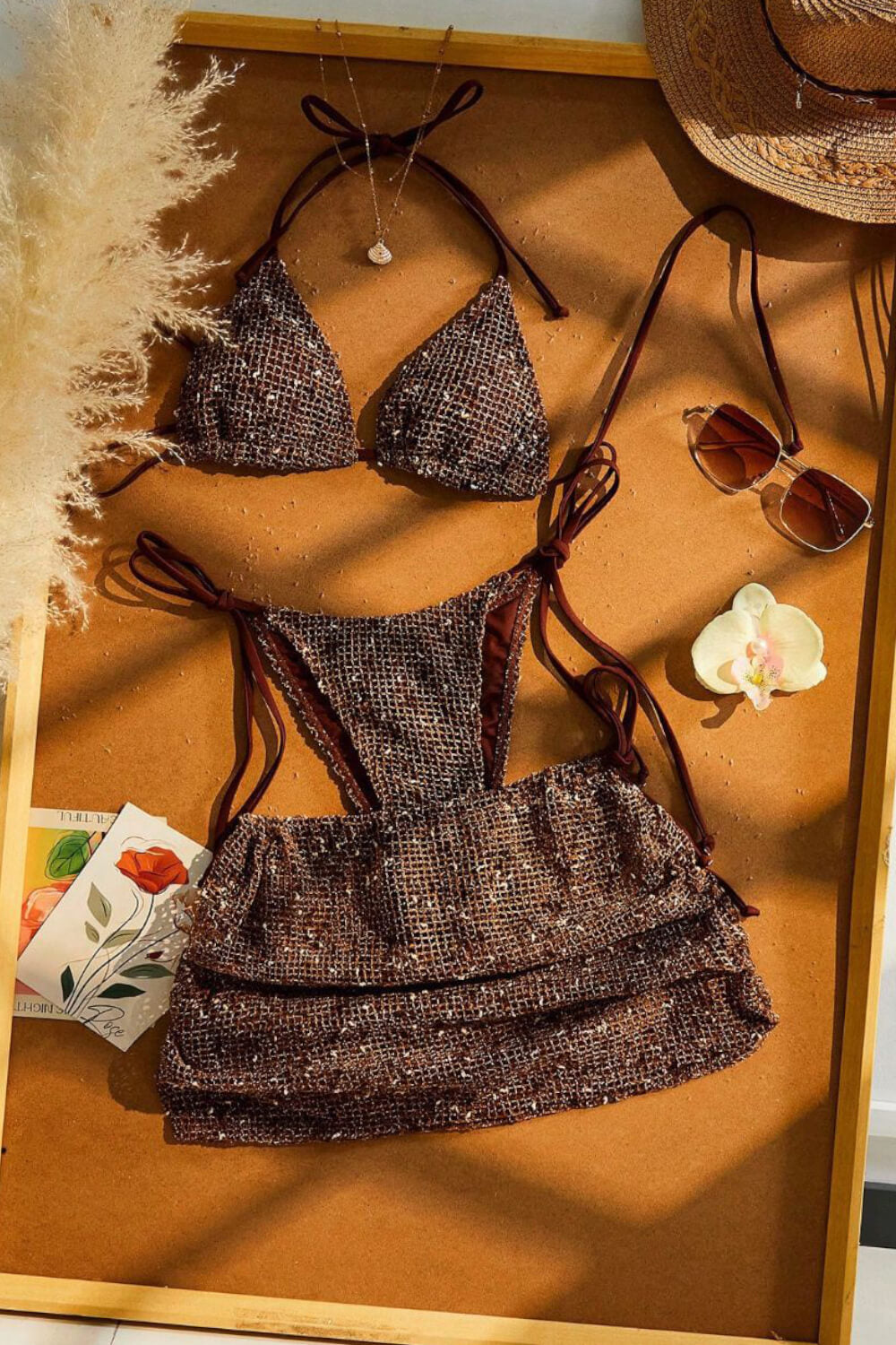Sequin Halterneck Triangle Side-Tie Bikini Set With Cover Up Mini Skirt