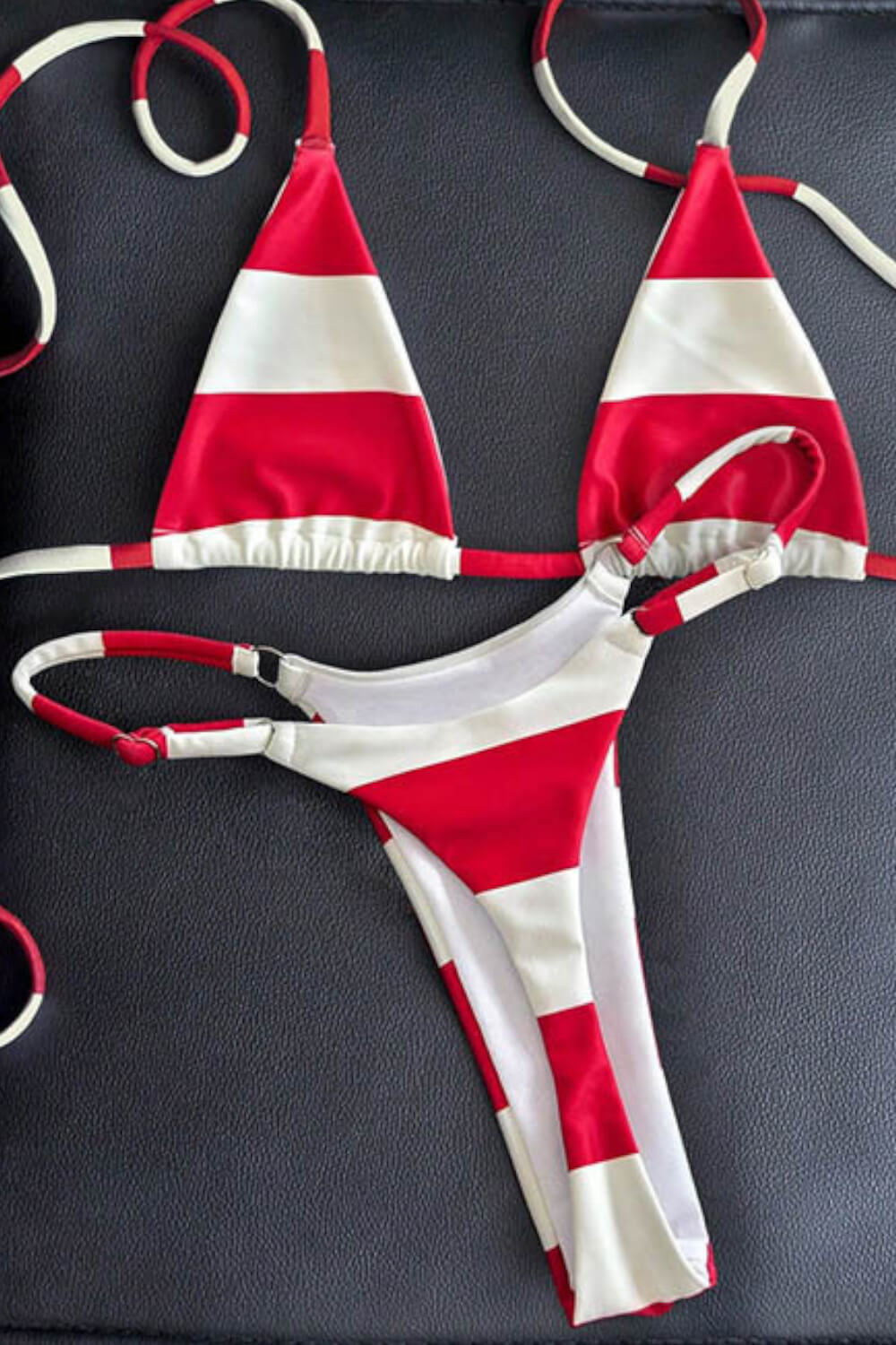 Red White Striped Halterneck Triangle Brazilian Bikini Set