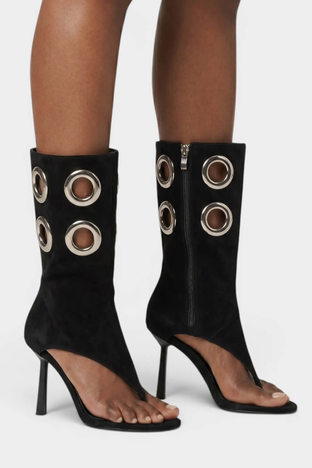 Faux Suede Eyelet Open Toe Mid-Calf Thong Stiletto Heeled Boots