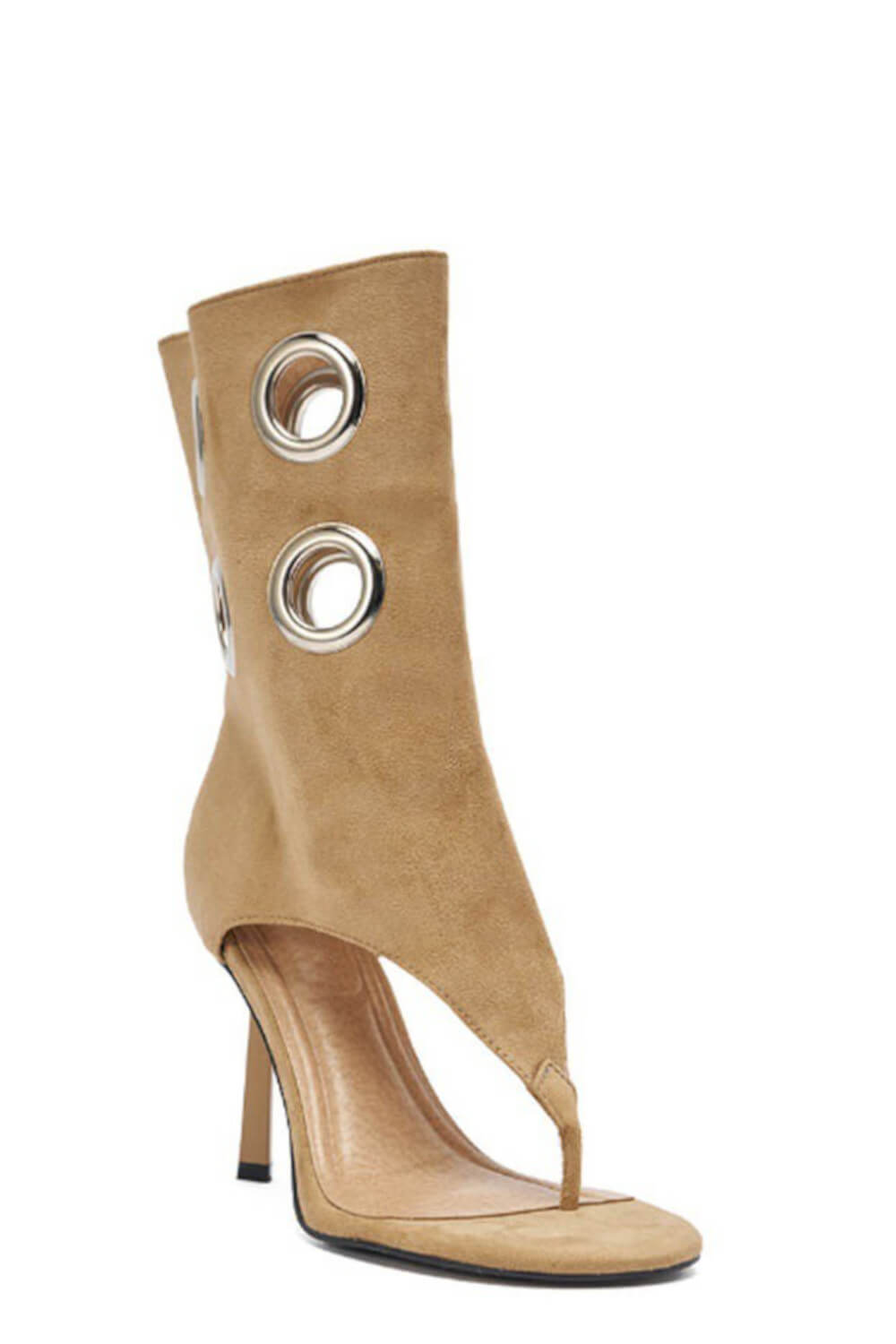 Faux Suede Eyelet Open Toe Mid-Calf Thong Stiletto Heeled Boots