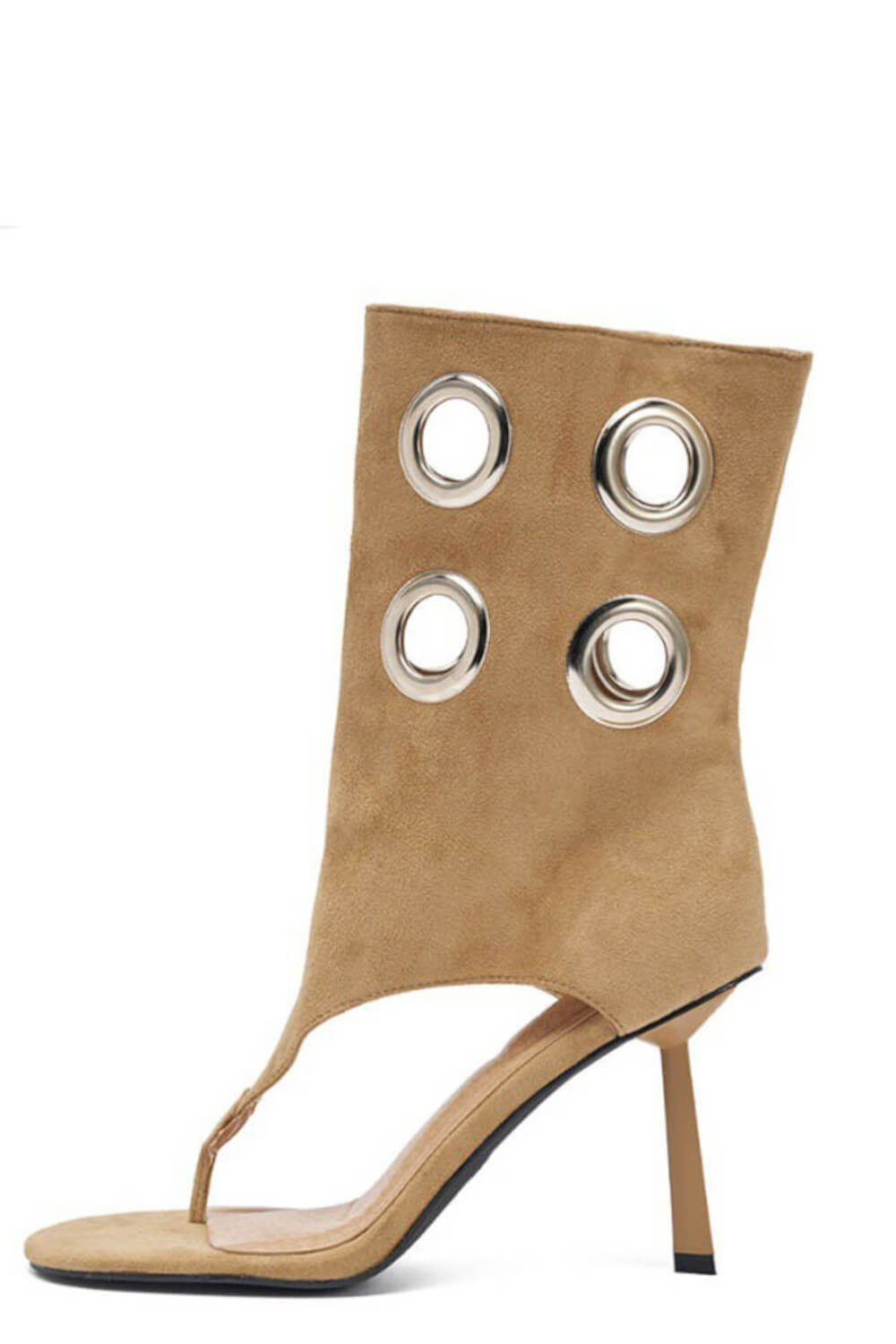 Faux Suede Eyelet Open Toe Mid-Calf Thong Stiletto Heeled Boots