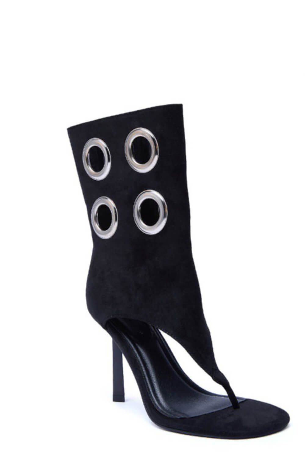 Faux Suede Eyelet Open Toe Mid-Calf Thong Stiletto Heeled Boots