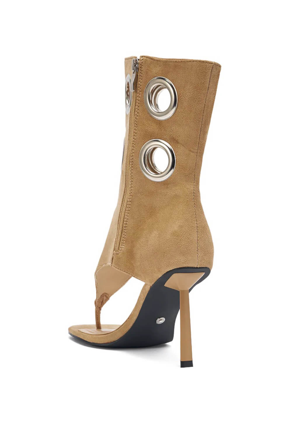 Faux Suede Eyelet Open Toe Mid-Calf Thong Stiletto Heeled Boots