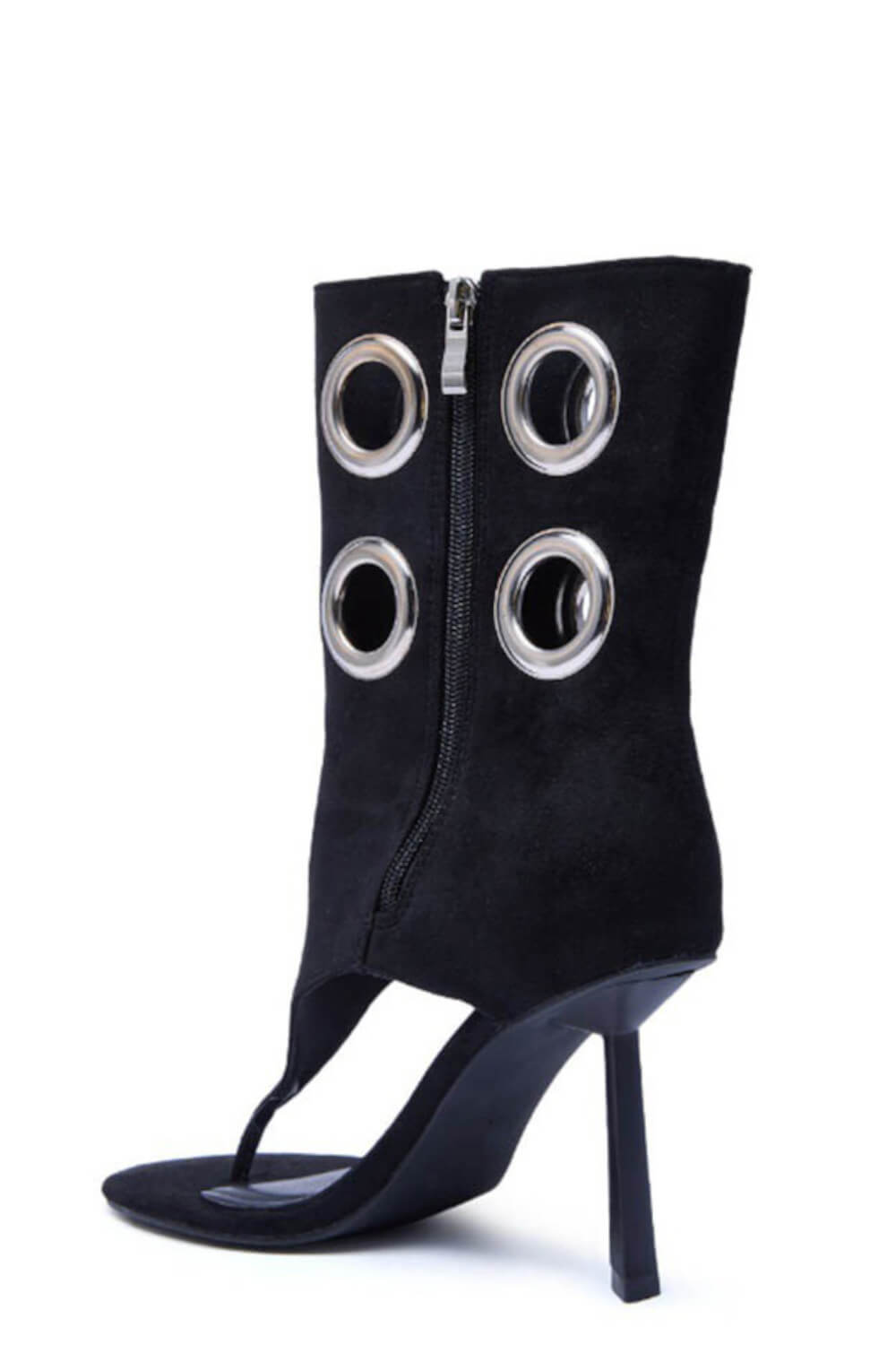 Faux Suede Eyelet Open Toe Mid-Calf Thong Stiletto Heeled Boots