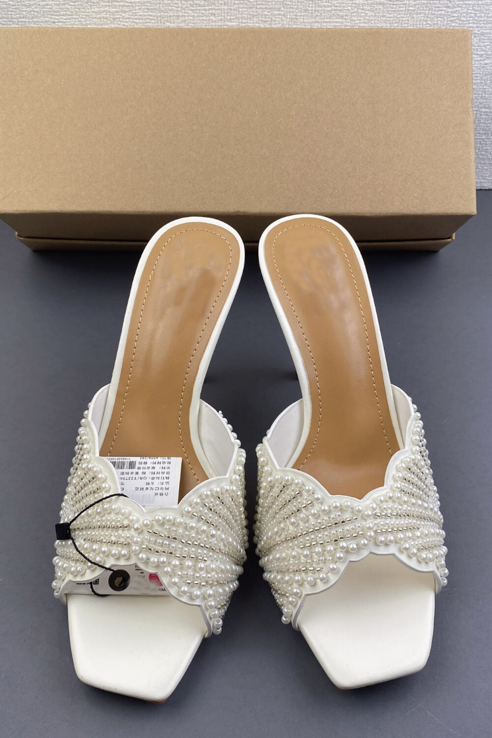 Pearl Embellished Open Square Toe Stiletto Heeled Mule Sandals