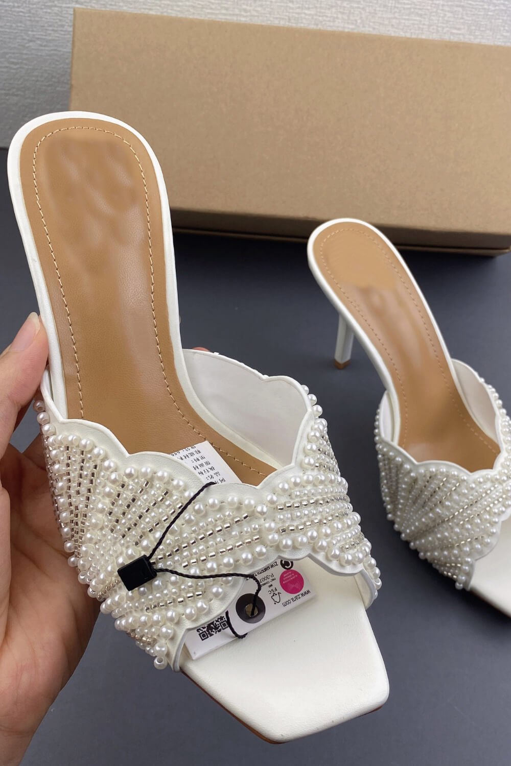 Pearl Embellished Open Square Toe Stiletto Heeled Mule Sandals