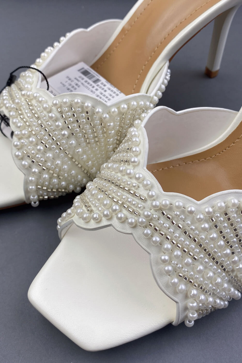 Pearl Embellished Open Square Toe Stiletto Heeled Mule Sandals