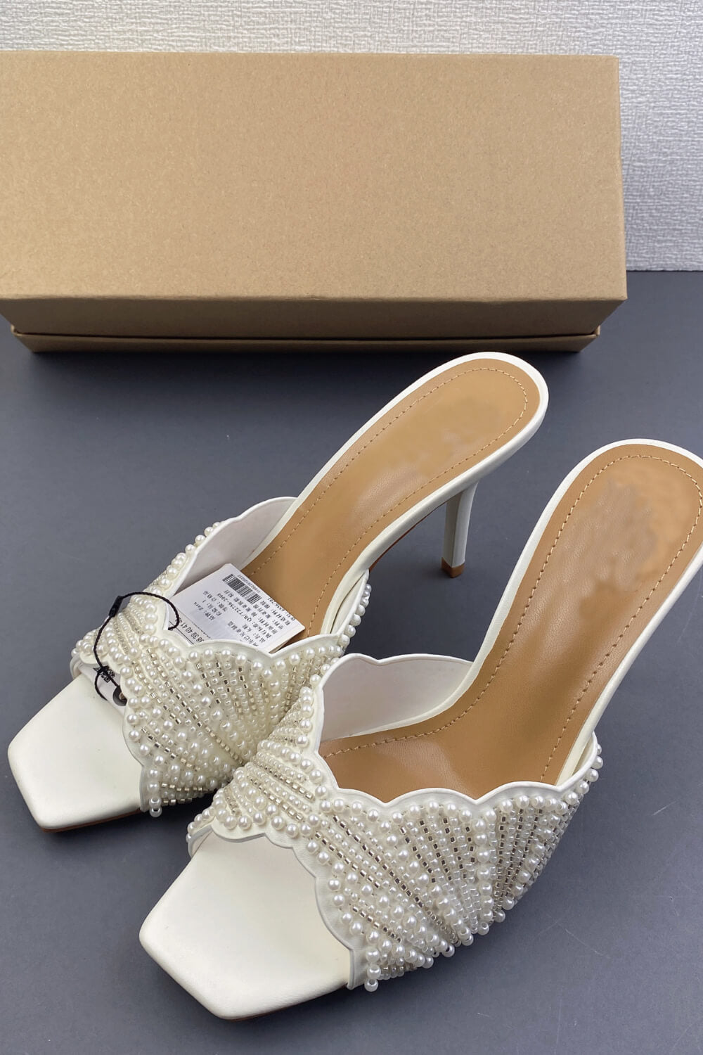 Pearl Embellished Open Square Toe Stiletto Heeled Mule Sandals