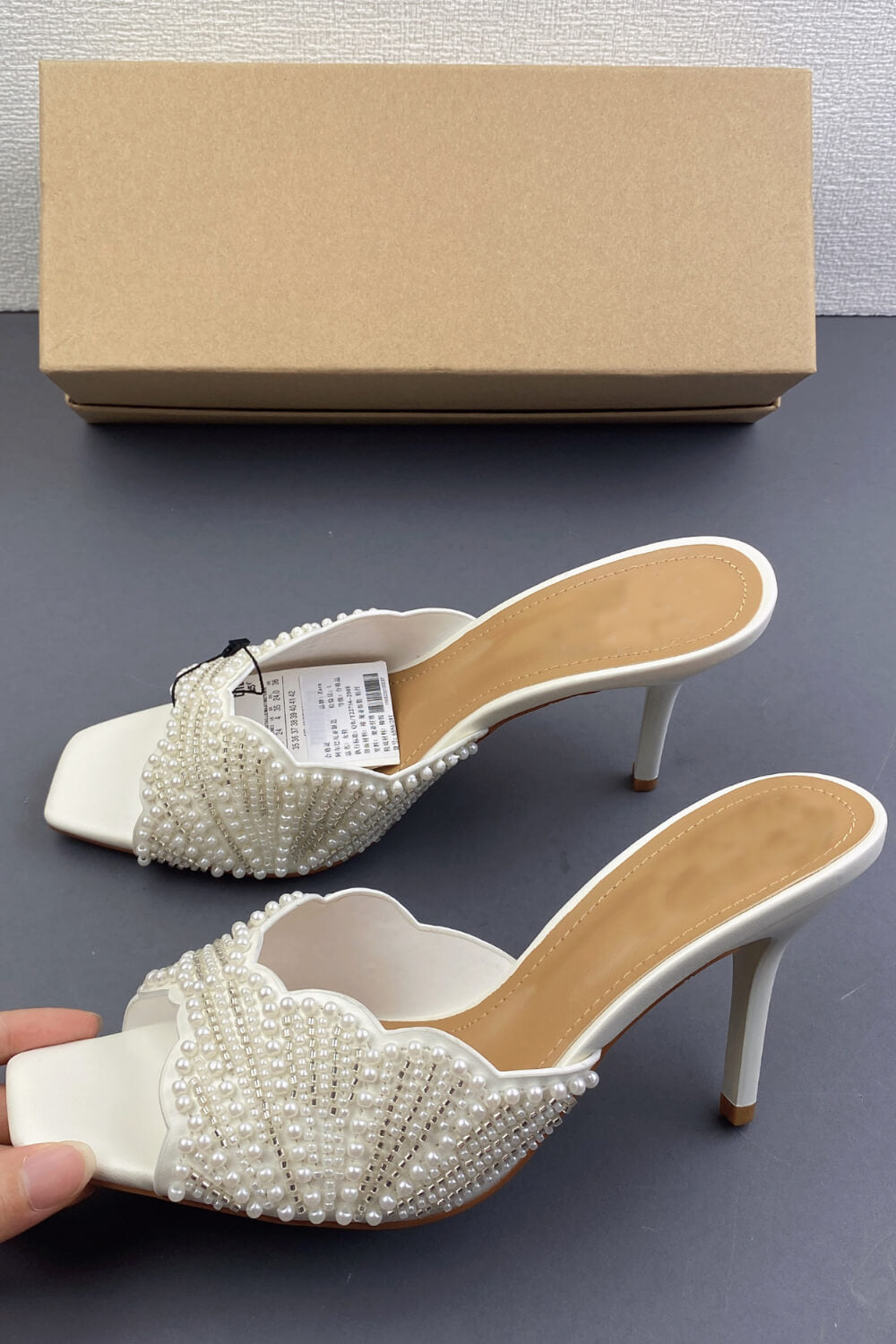 Pearl Embellished Open Square Toe Stiletto Heeled Mule Sandals