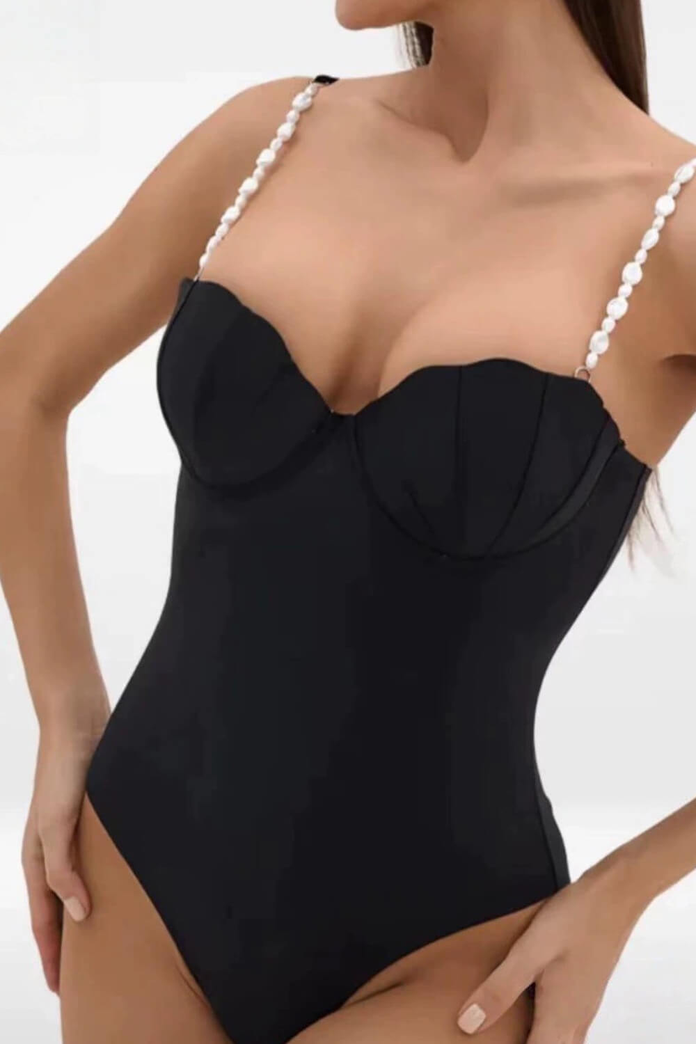 Scalloped Seashell Pearl Beaded Strap Underwire One Piece Swimsuit