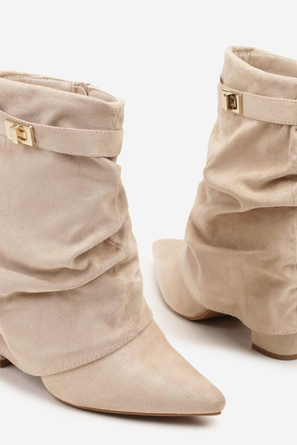 Faux Suede Slouchy Fold Over Metal Lock Detail Pointed Toe Ankle Boots
