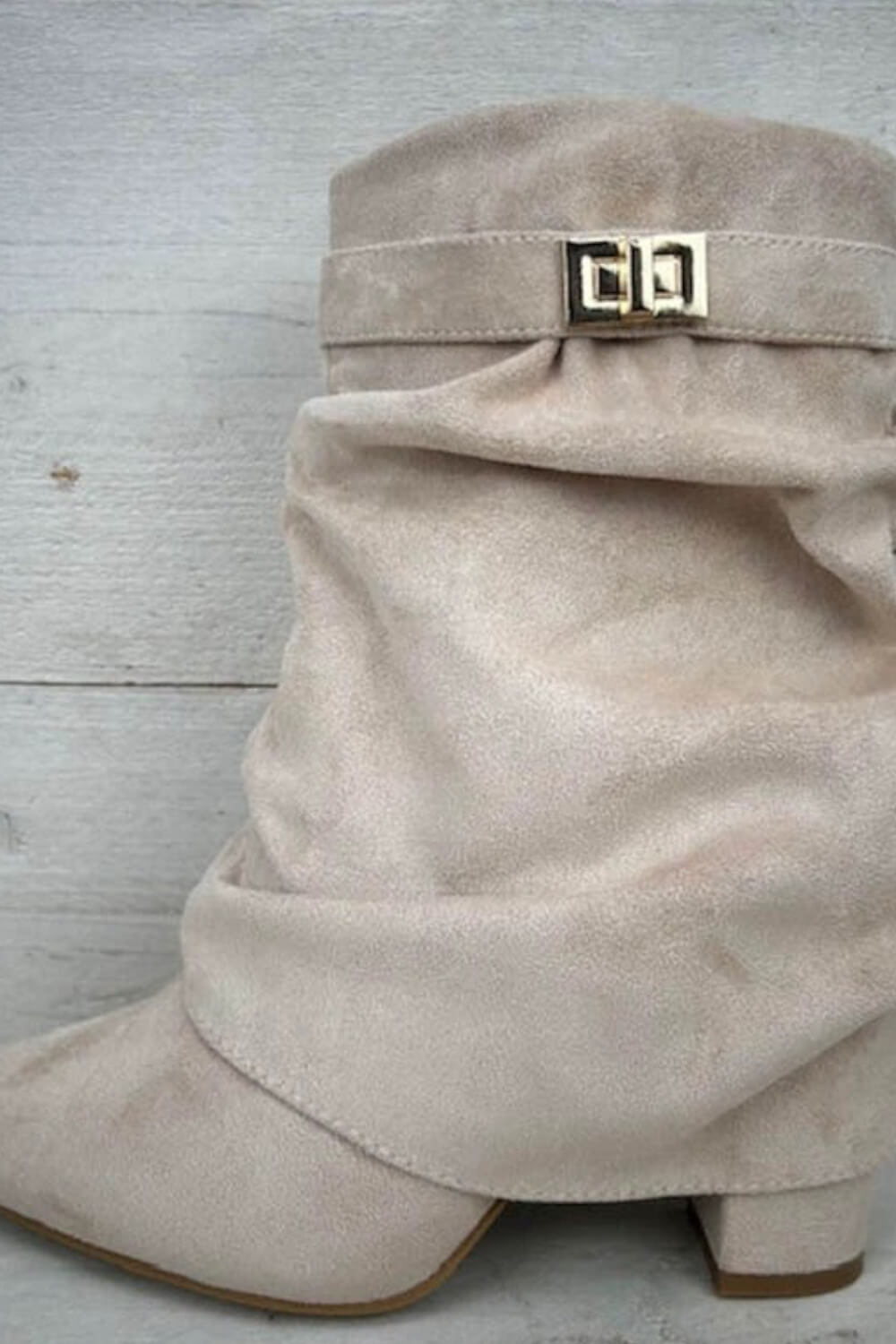 Faux Suede Slouchy Fold Over Metal Lock Detail Pointed Toe Ankle Boots