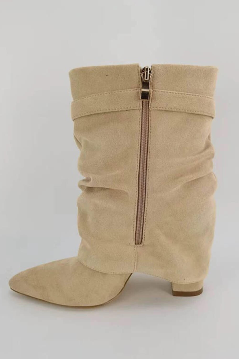 Faux Suede Slouchy Fold Over Metal Lock Detail Pointed Toe Ankle Boots