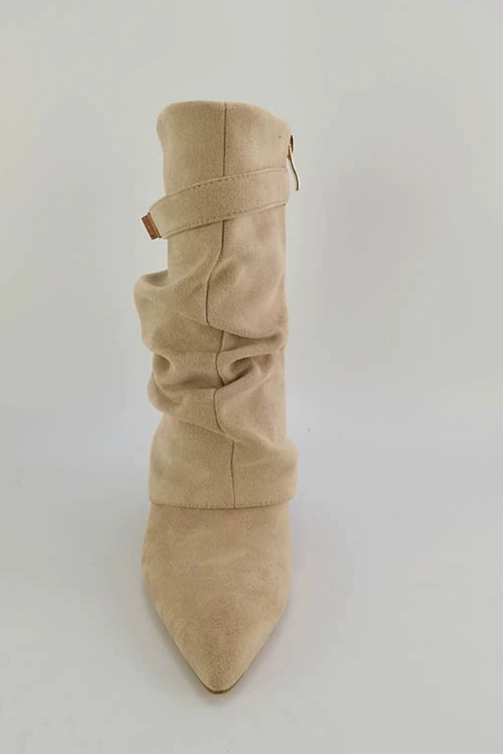 Faux Suede Slouchy Fold Over Metal Lock Detail Pointed Toe Ankle Boots