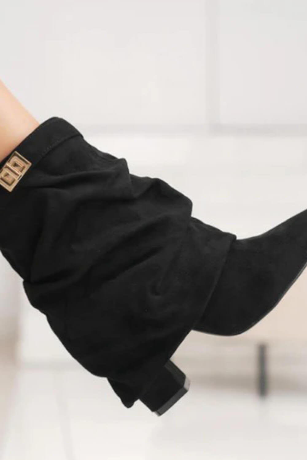 Faux Suede Slouchy Fold Over Metal Lock Detail Pointed Toe Ankle Boots