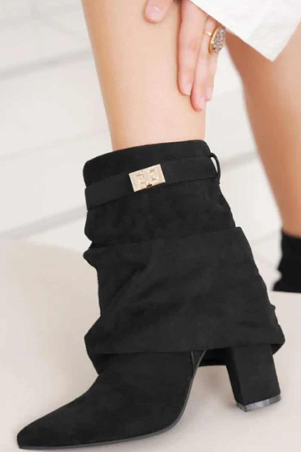 Faux Suede Slouchy Fold Over Metal Lock Detail Pointed Toe Ankle Boots