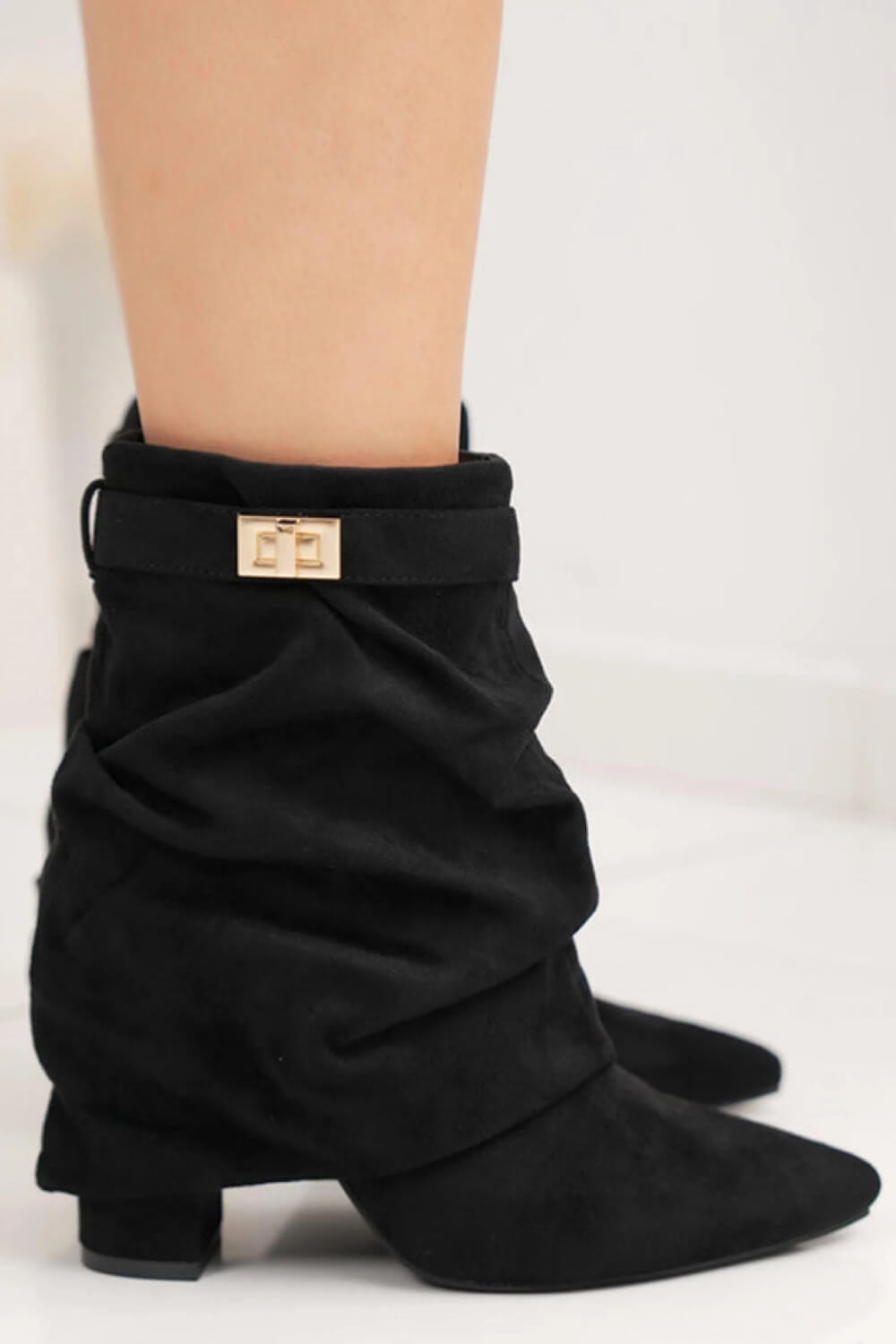 Faux Suede Slouchy Fold Over Metal Lock Detail Pointed Toe Ankle Boots