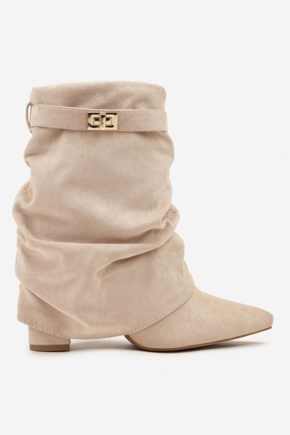 Faux Suede Slouchy Fold Over Metal Lock Detail Pointed Toe Ankle Boots