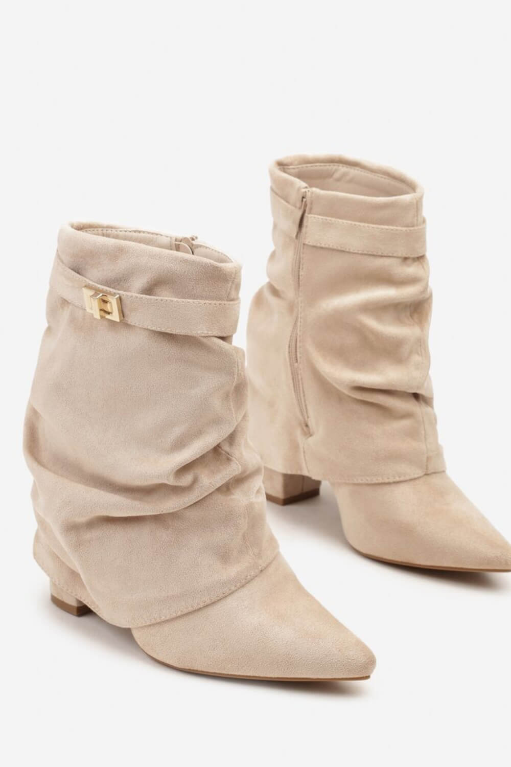 Faux Suede Slouchy Fold Over Metal Lock Detail Pointed Toe Ankle Boots