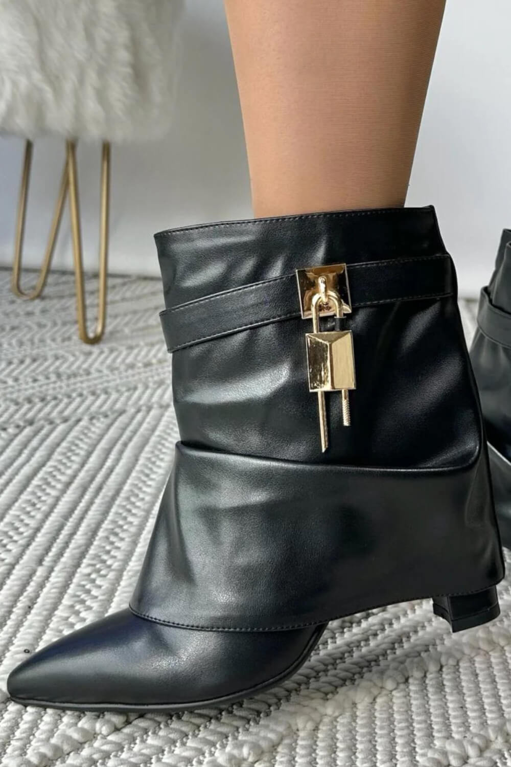Faux Leather Slouchy Fold Over Metal Lock Detail Pointed Toe Ankle Boots