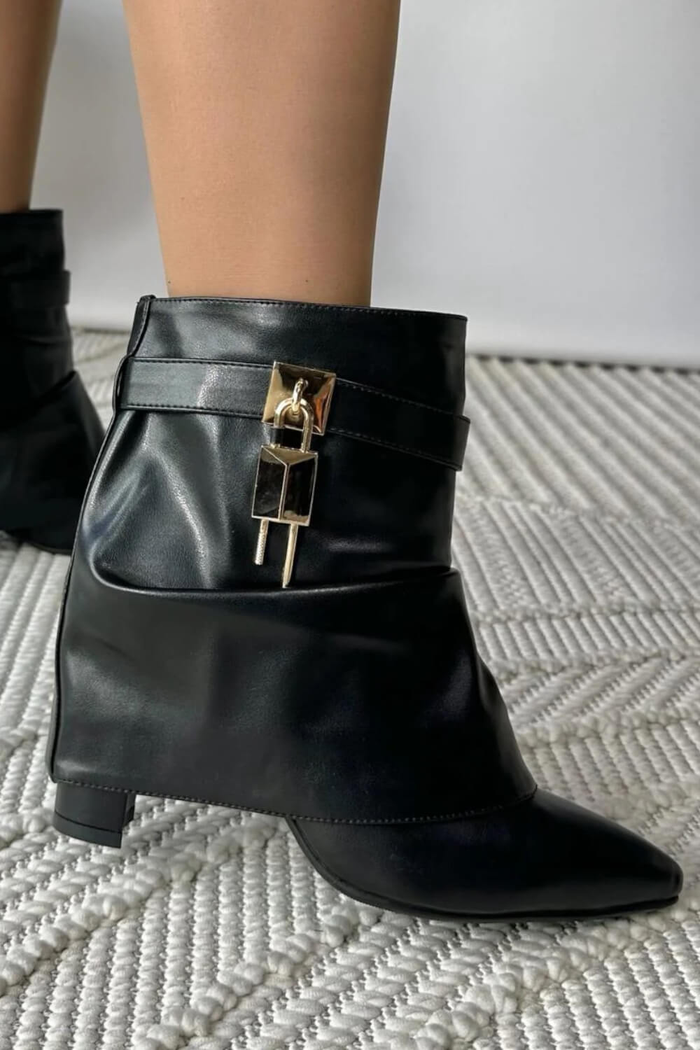Faux Leather Slouchy Fold Over Metal Lock Detail Pointed Toe Ankle Boots