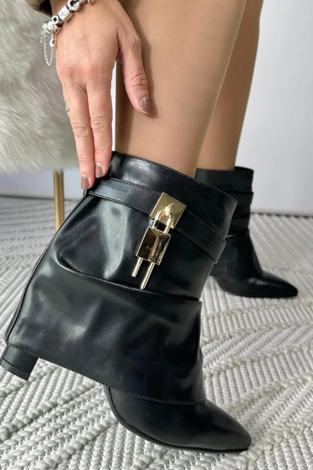Faux Leather Slouchy Fold Over Metal Lock Detail Pointed Toe Ankle Boots