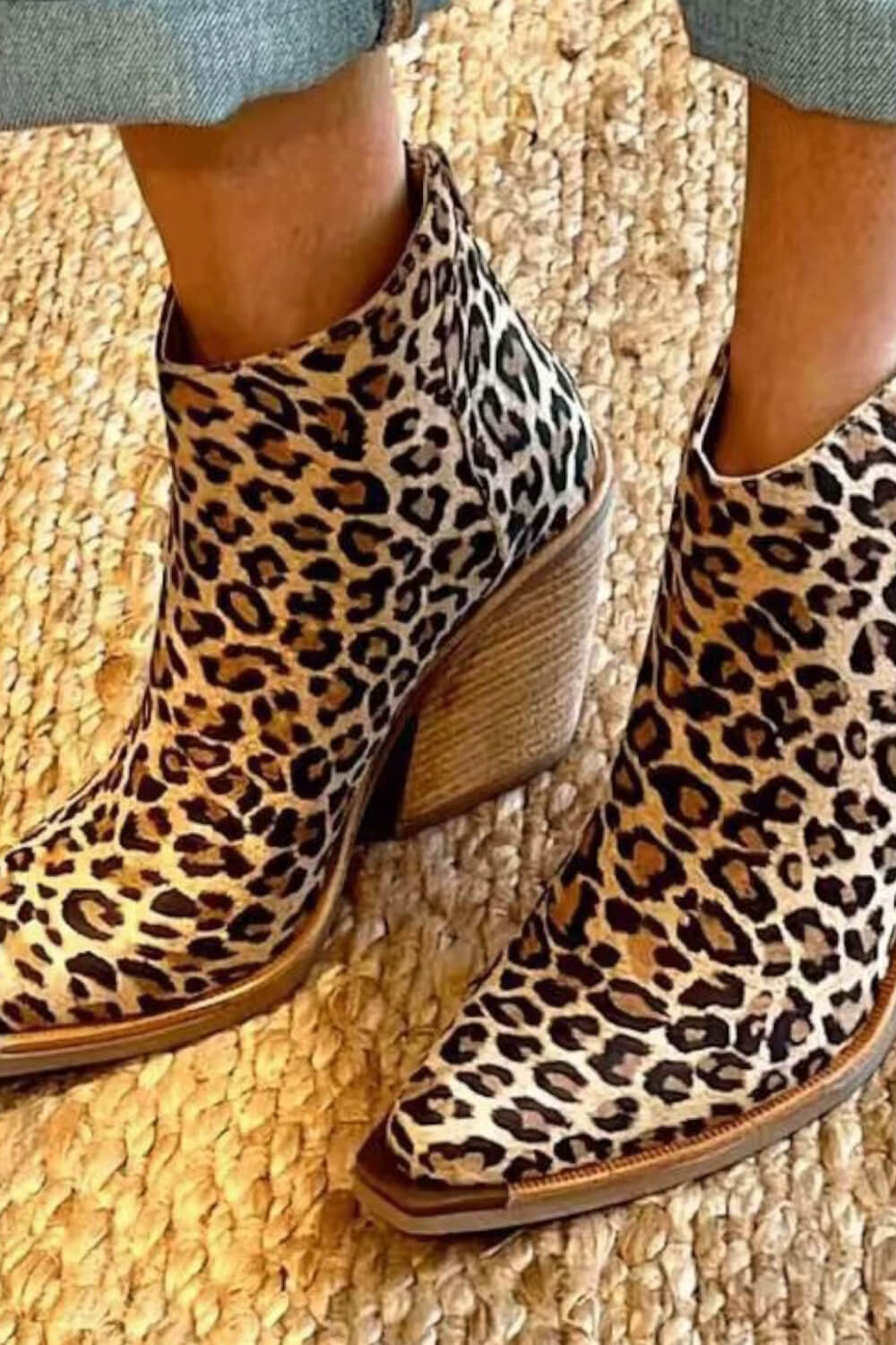 Leopard Print Pointed Toe Western Ankle Boots