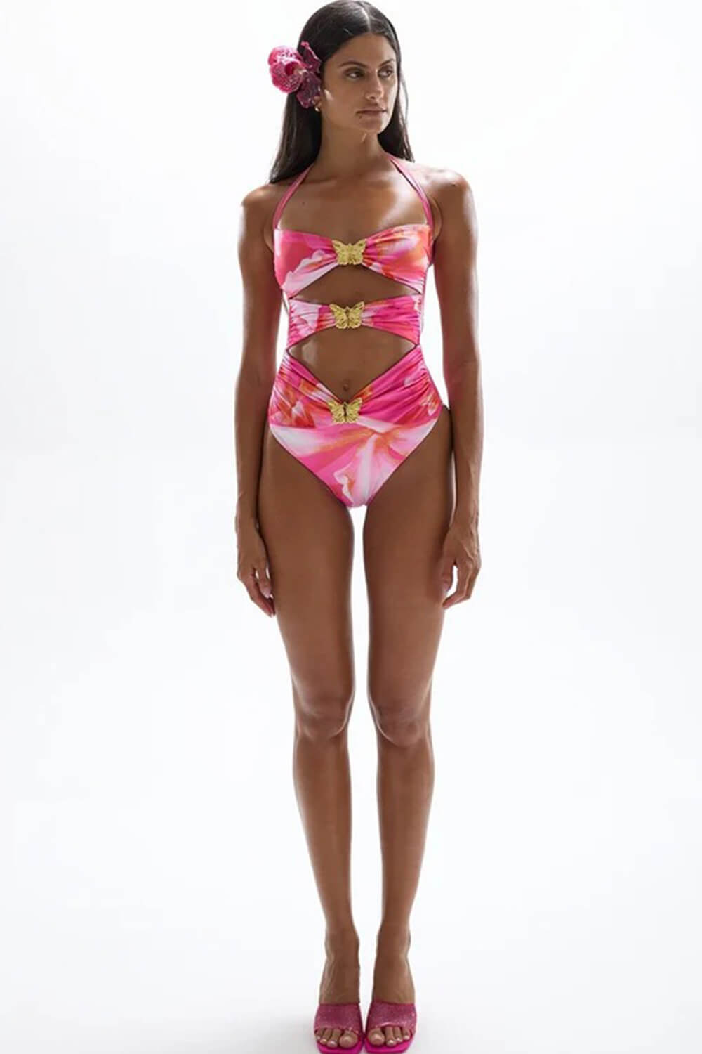 Orchid Flower Print Halterneck Cut Out One Piece Swimsuit With Butterfly Hardware Details