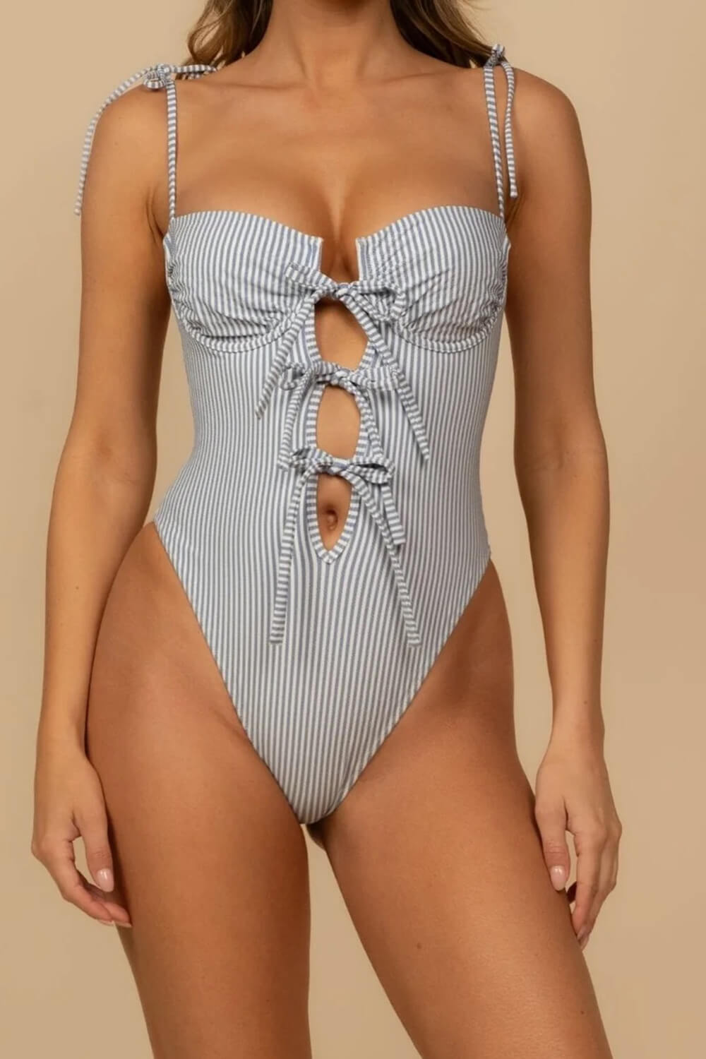 Blue And White Stripe Print Underwire Three Tie Front One-Piece Swimsuit