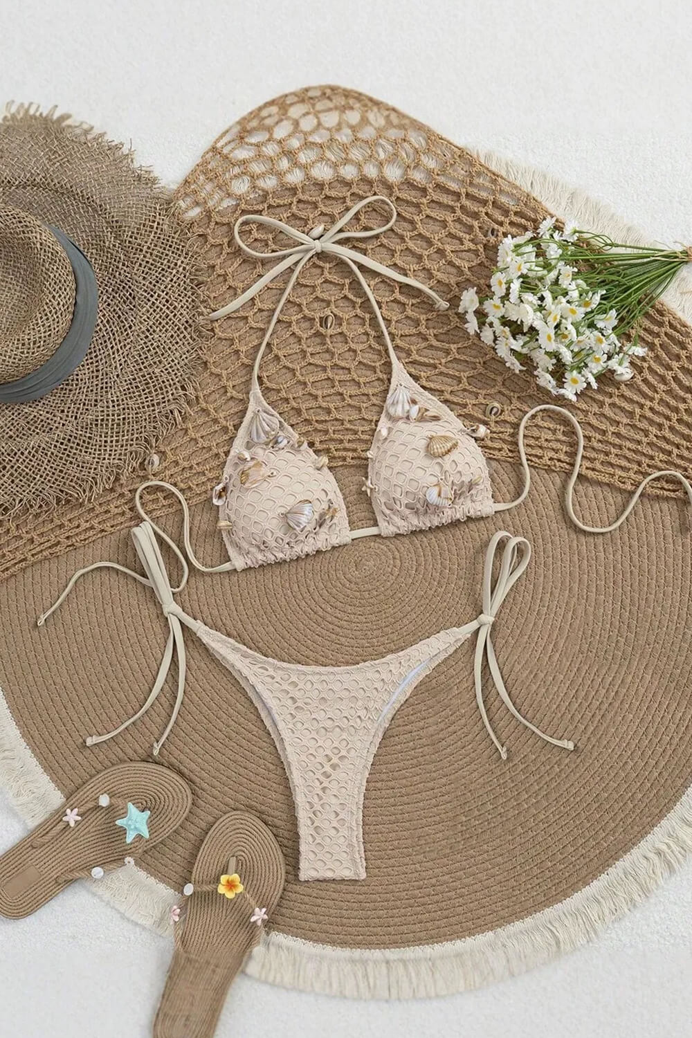 Fishnet Shells Halterneck Triangle Tie Side Brazilian Bikini Set