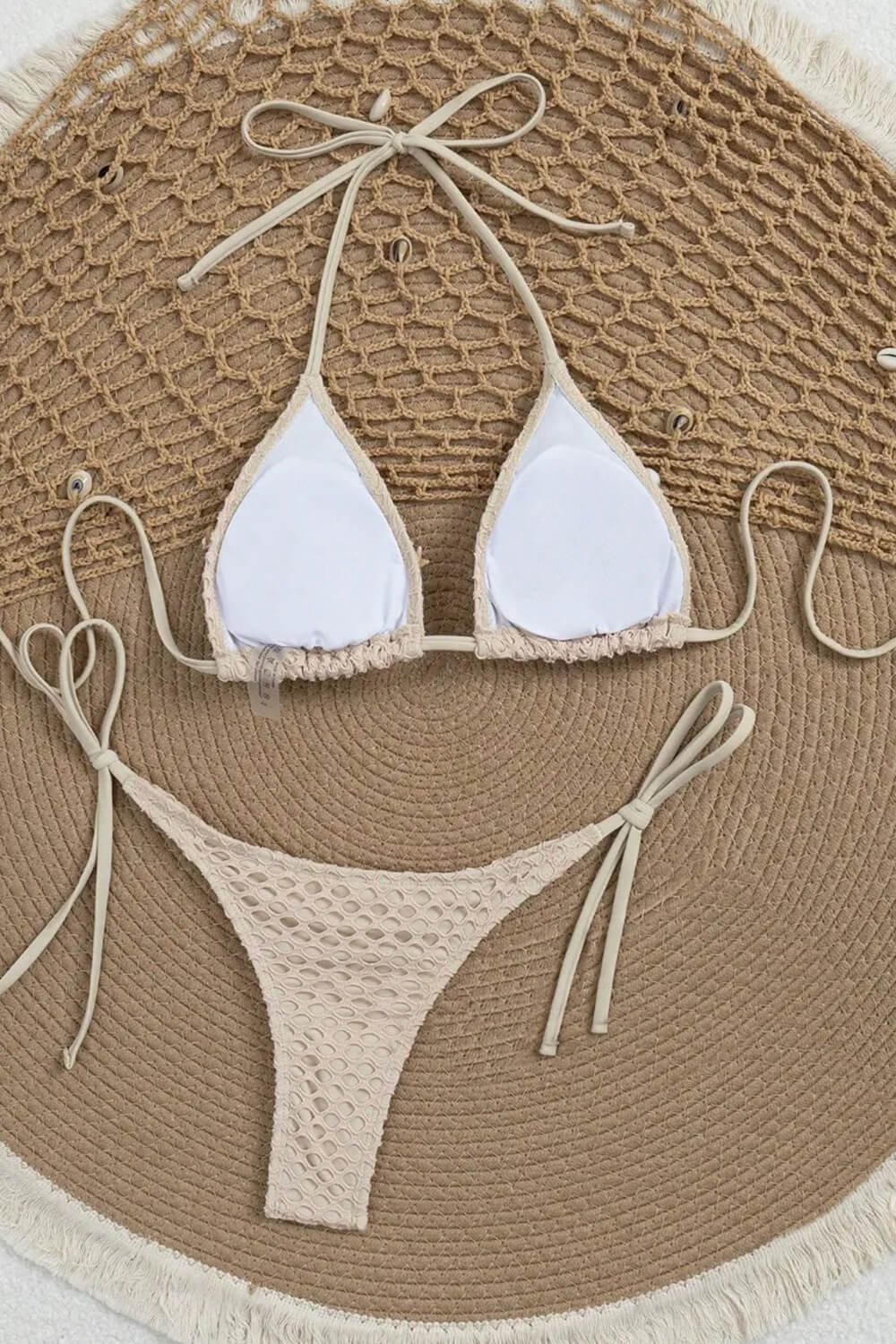 Fishnet Shells Halterneck Triangle Tie Side Brazilian Bikini Set