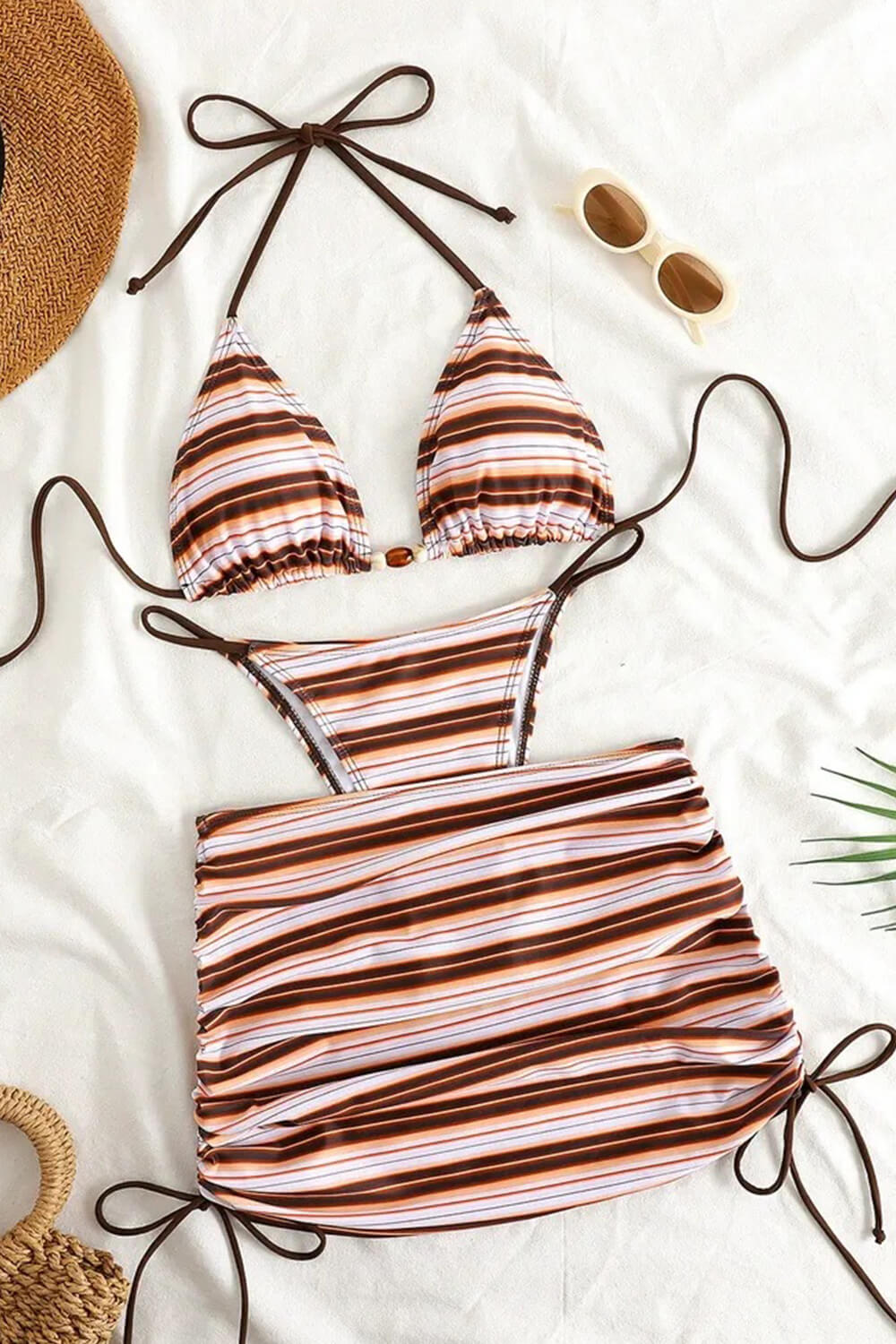 Multi Striped Print Triangle Halter Bikini Set And Drawstring Mini Skirt With Beaded Details