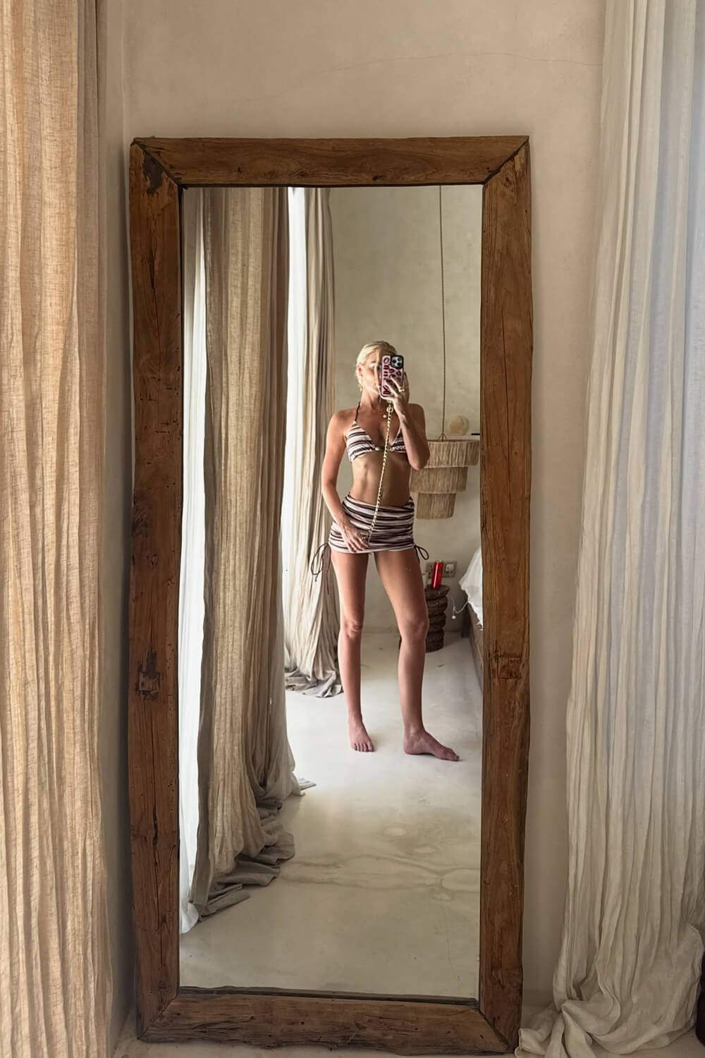 Multi Striped Print Triangle Halter Bikini Set And Drawstring Mini Skirt With Beaded Details