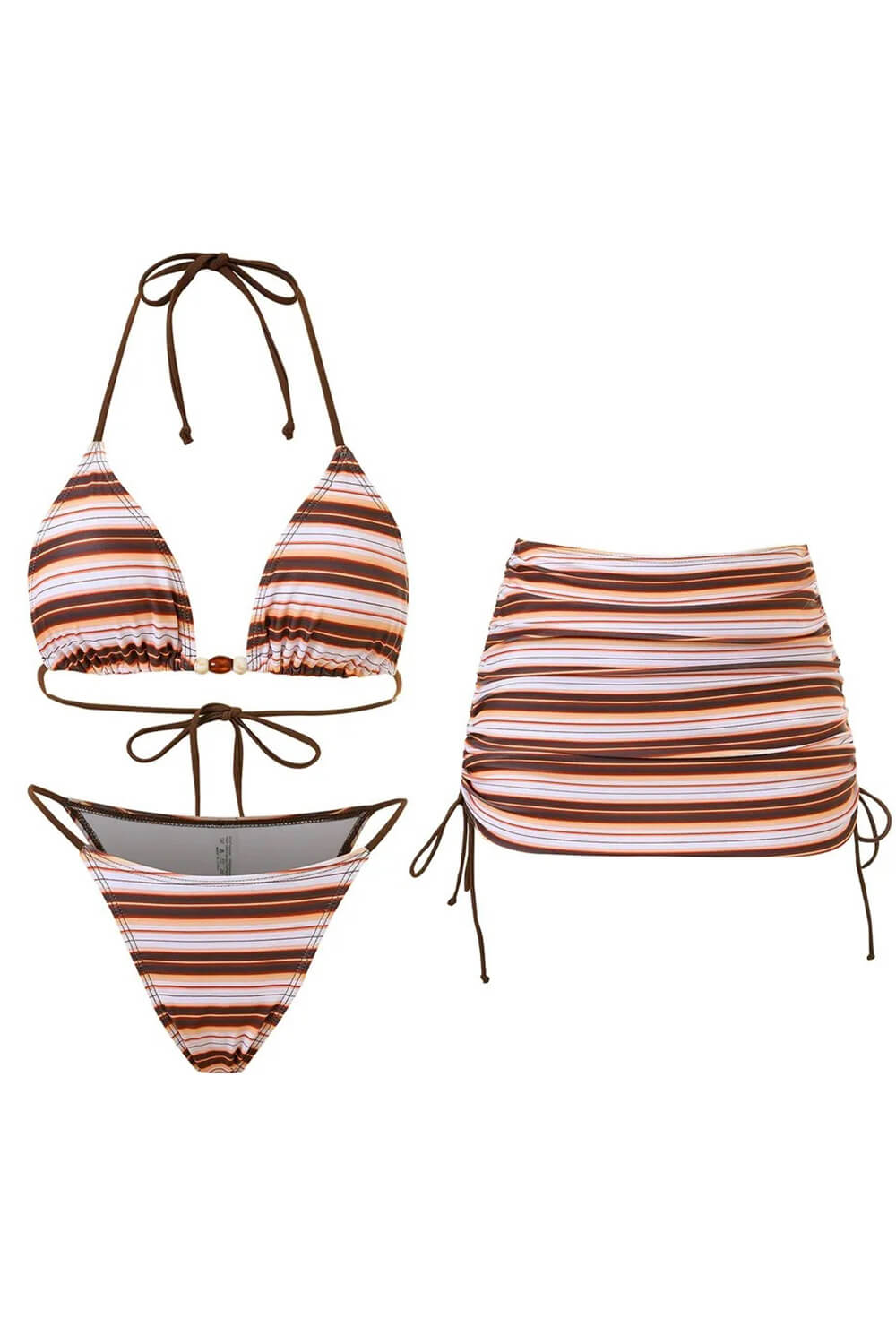 Multi Striped Print Triangle Halter Bikini Set And Drawstring Mini Skirt With Beaded Details