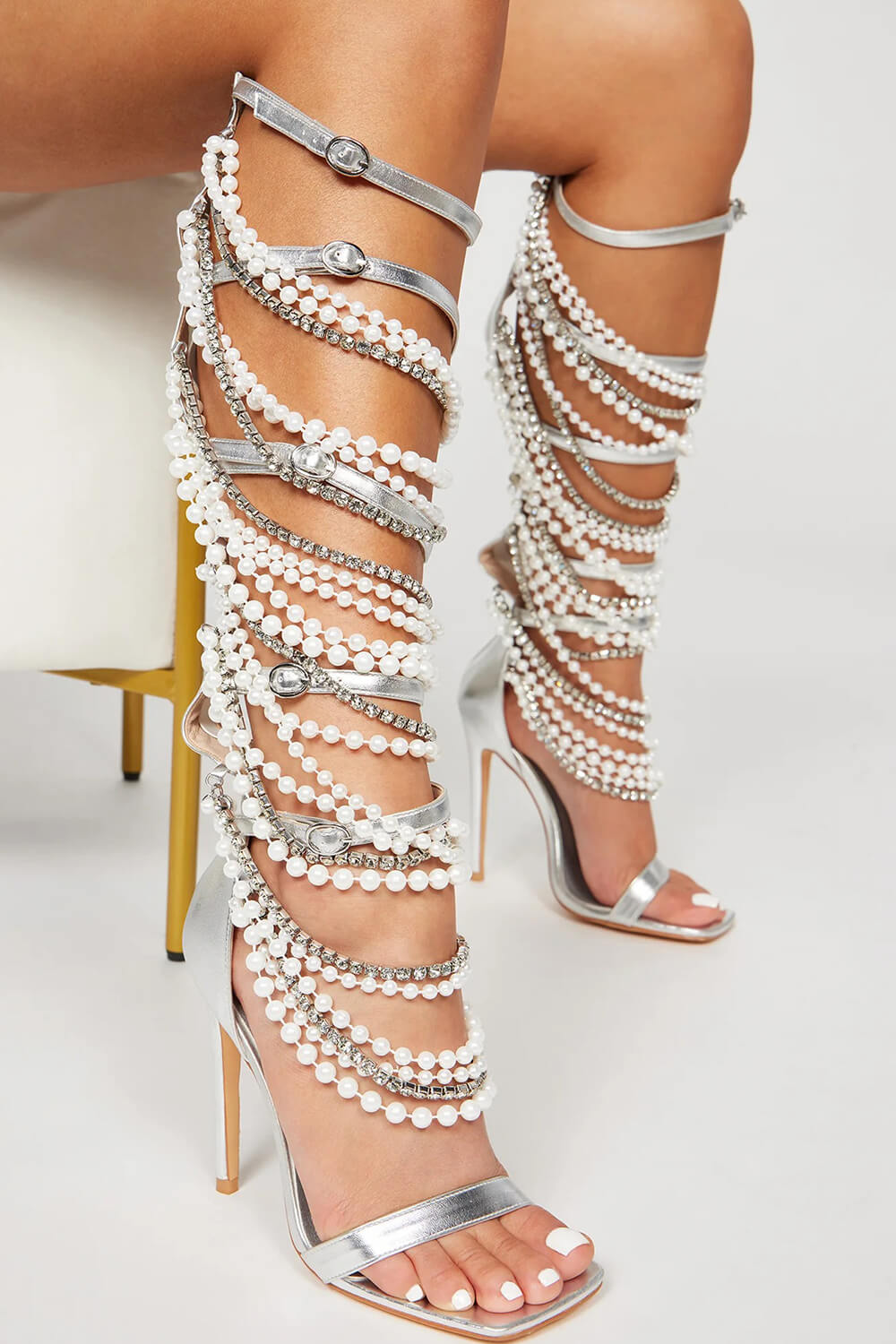 Pearl Strappy Open Square Toe Gladiator Heeled Sandals