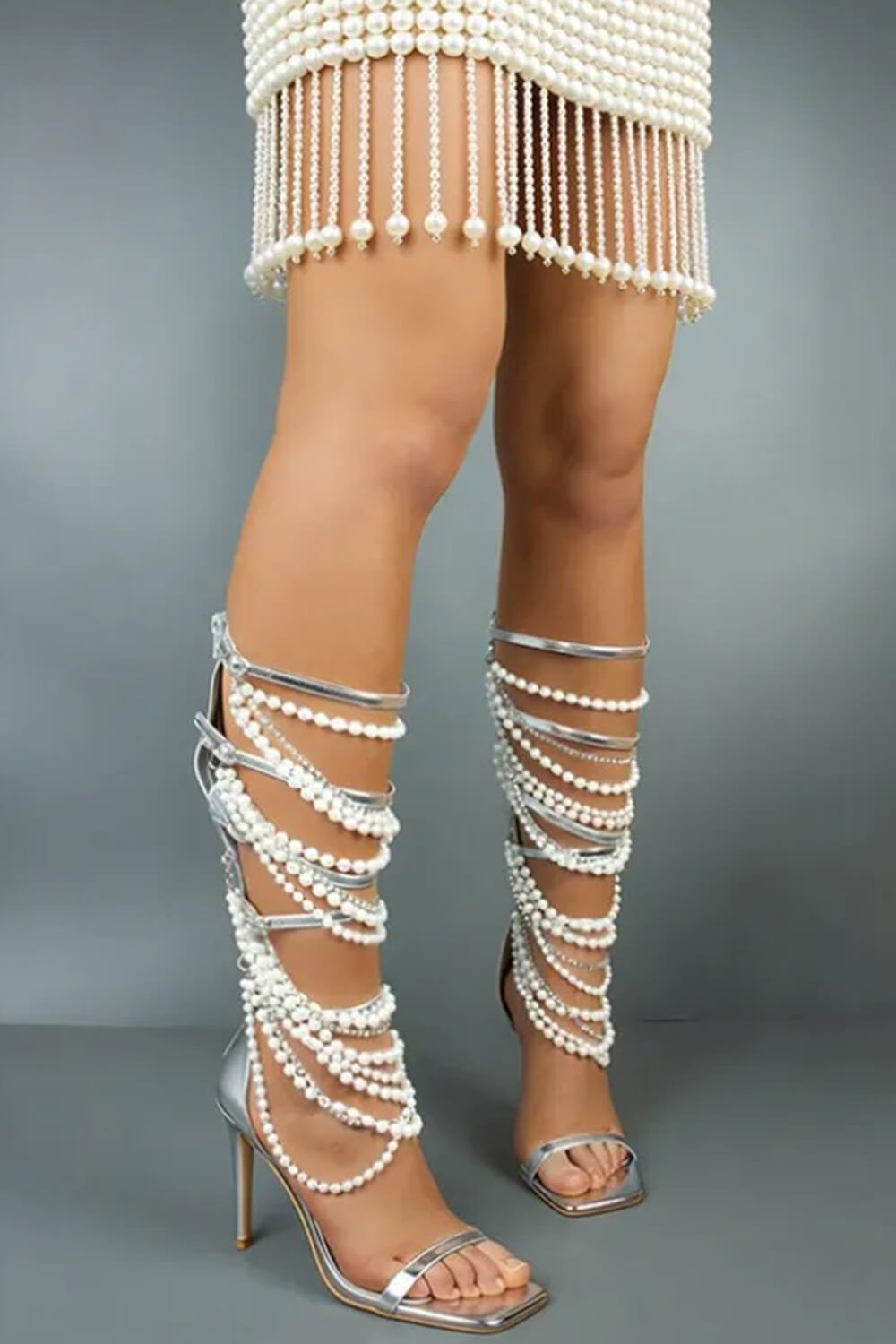 Pearl Strappy Open Square Toe Gladiator Heeled Sandals