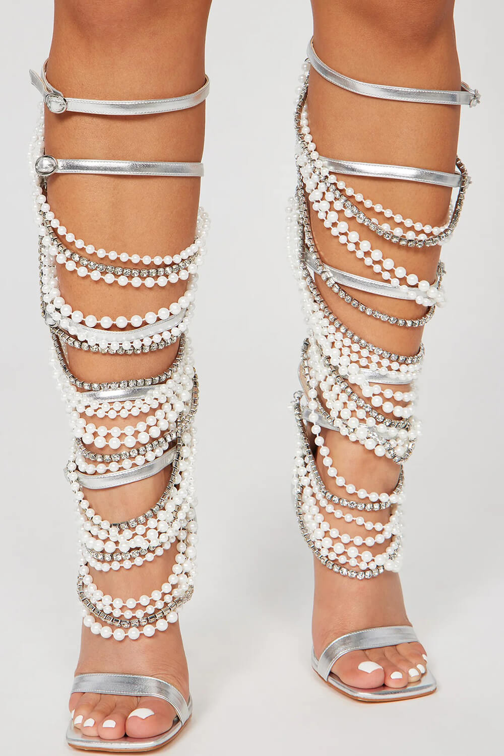Pearl Strappy Open Square Toe Gladiator Heeled Sandals