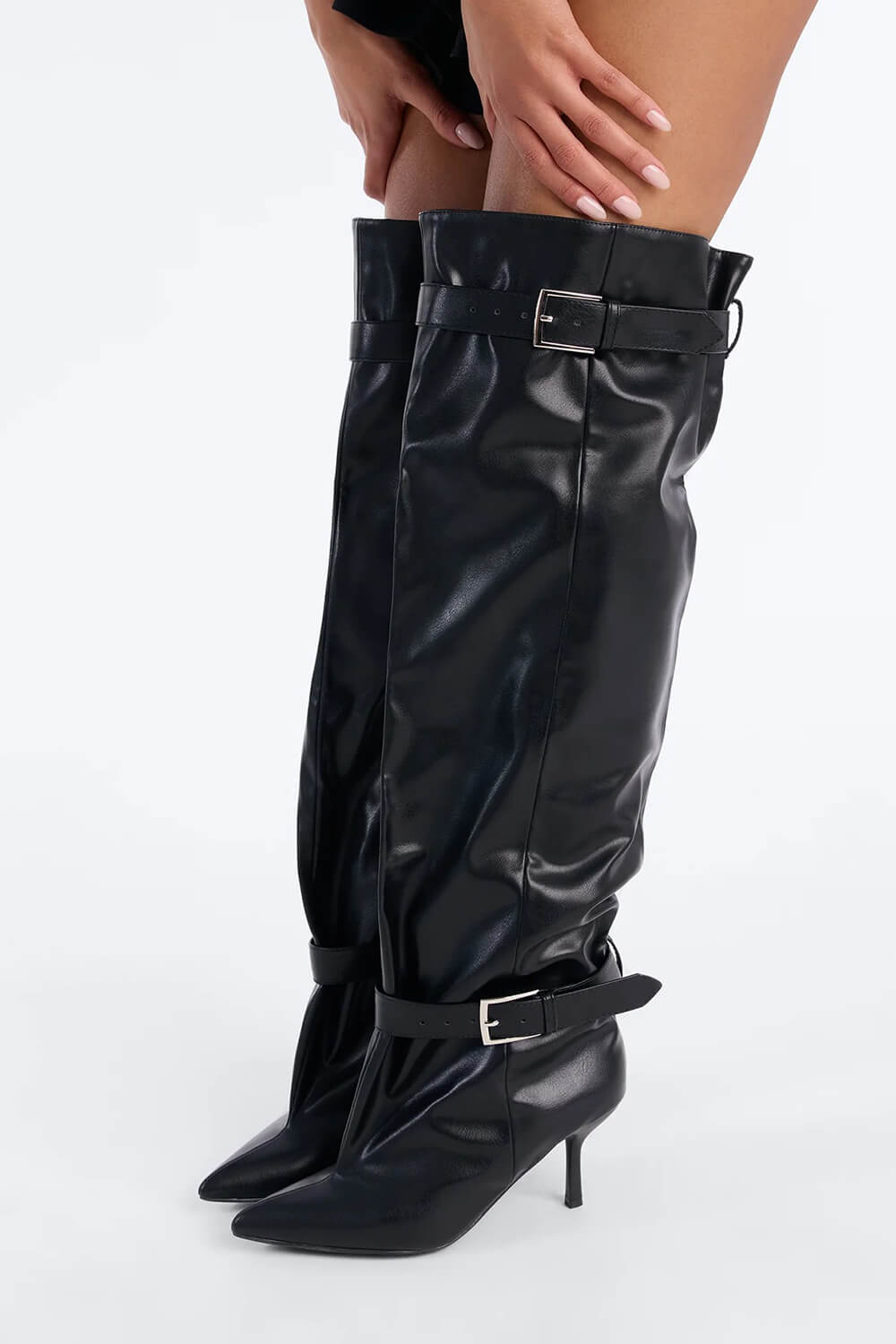 Buckle Slouchy Pointed Toe Thigh High Mid Stiletto Boots