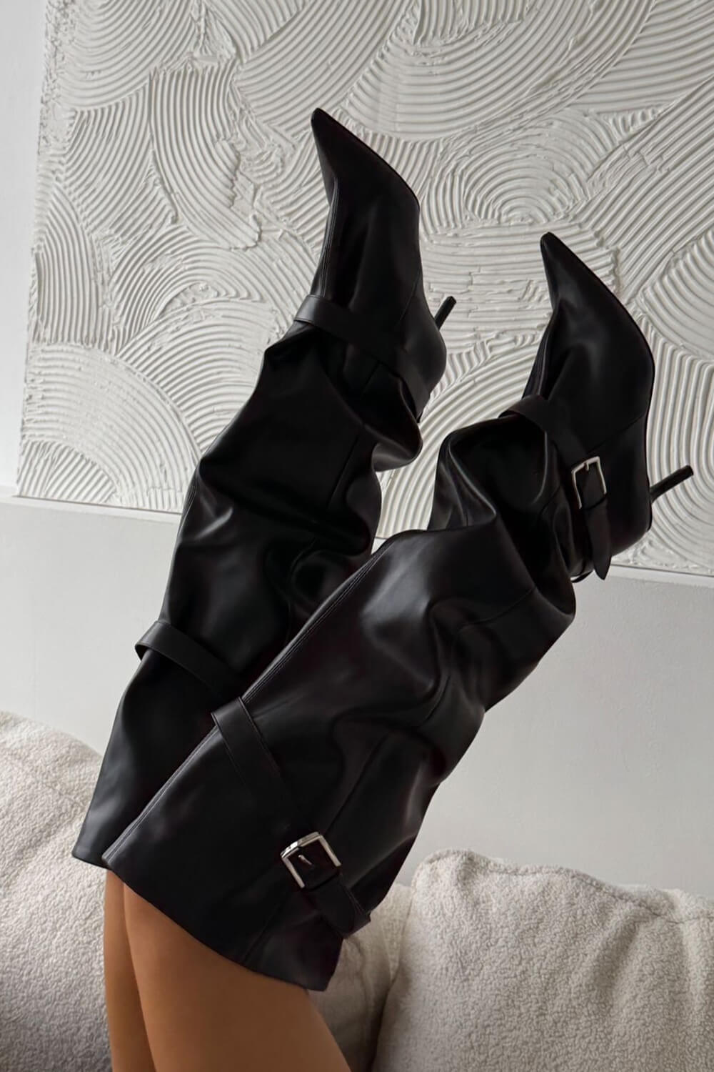 Buckle Slouchy Pointed Toe Thigh High Mid Stiletto Boots