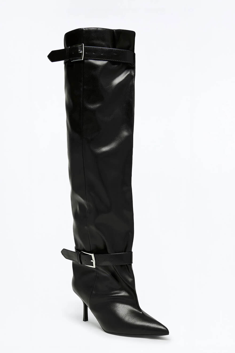 Buckle Slouchy Pointed Toe Thigh High Mid Stiletto Boots