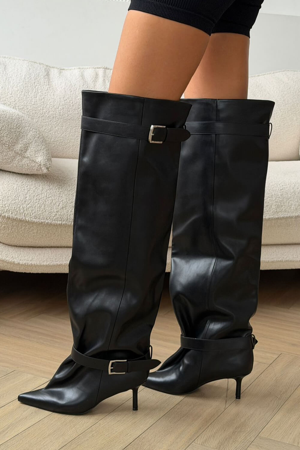 Buckle Slouchy Pointed Toe Thigh High Mid Stiletto Boots