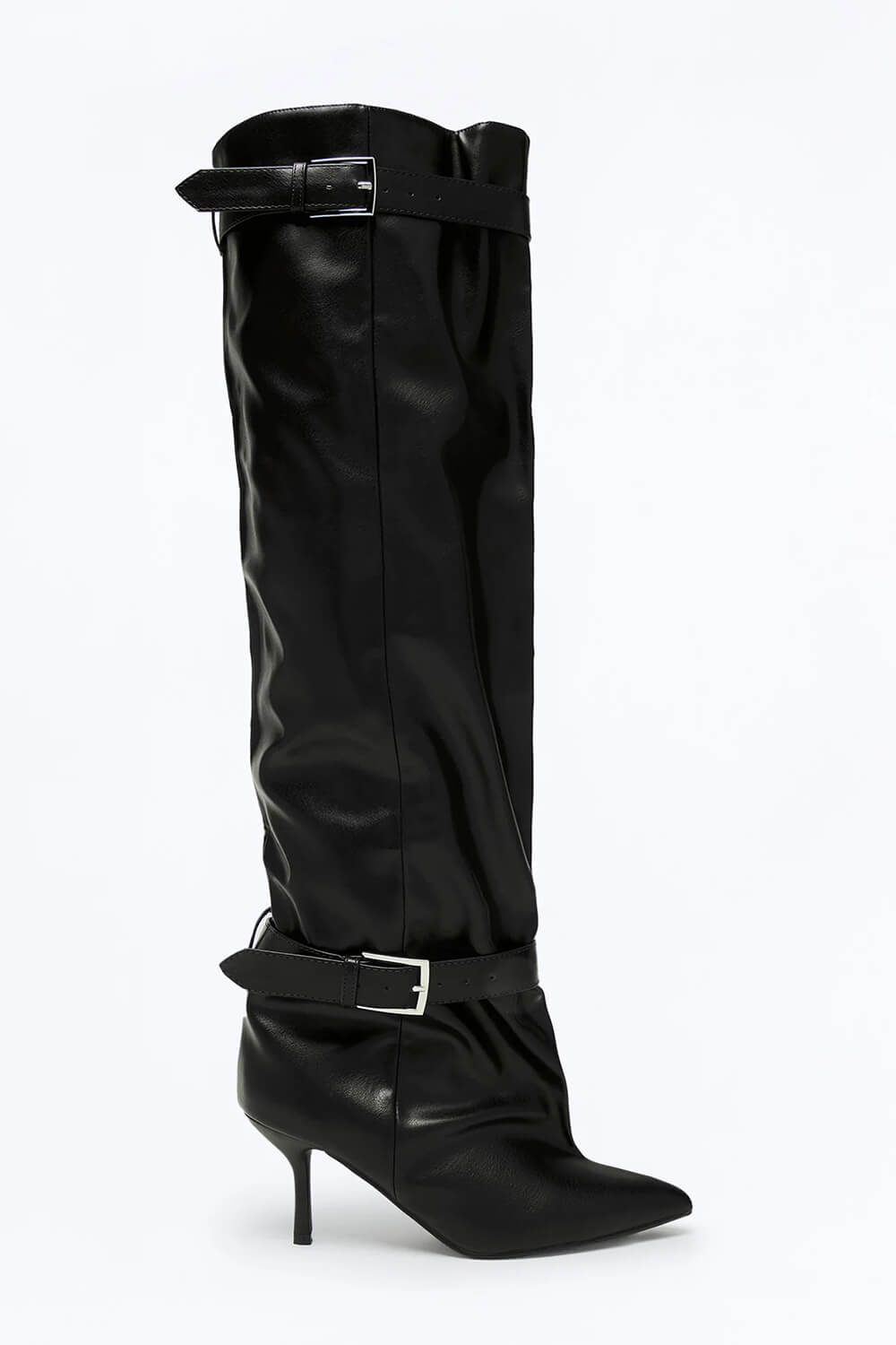 Buckle Slouchy Pointed Toe Thigh High Mid Stiletto Boots
