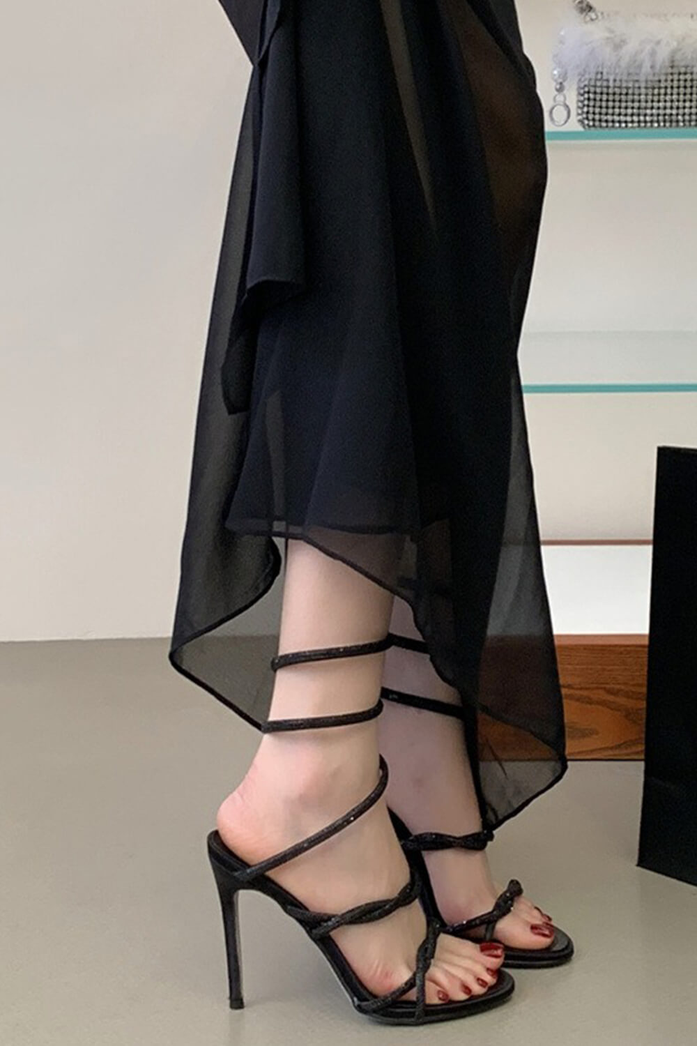 Crystal-Embellished Ankle Wrap Around Open Toe High Heel Sandals