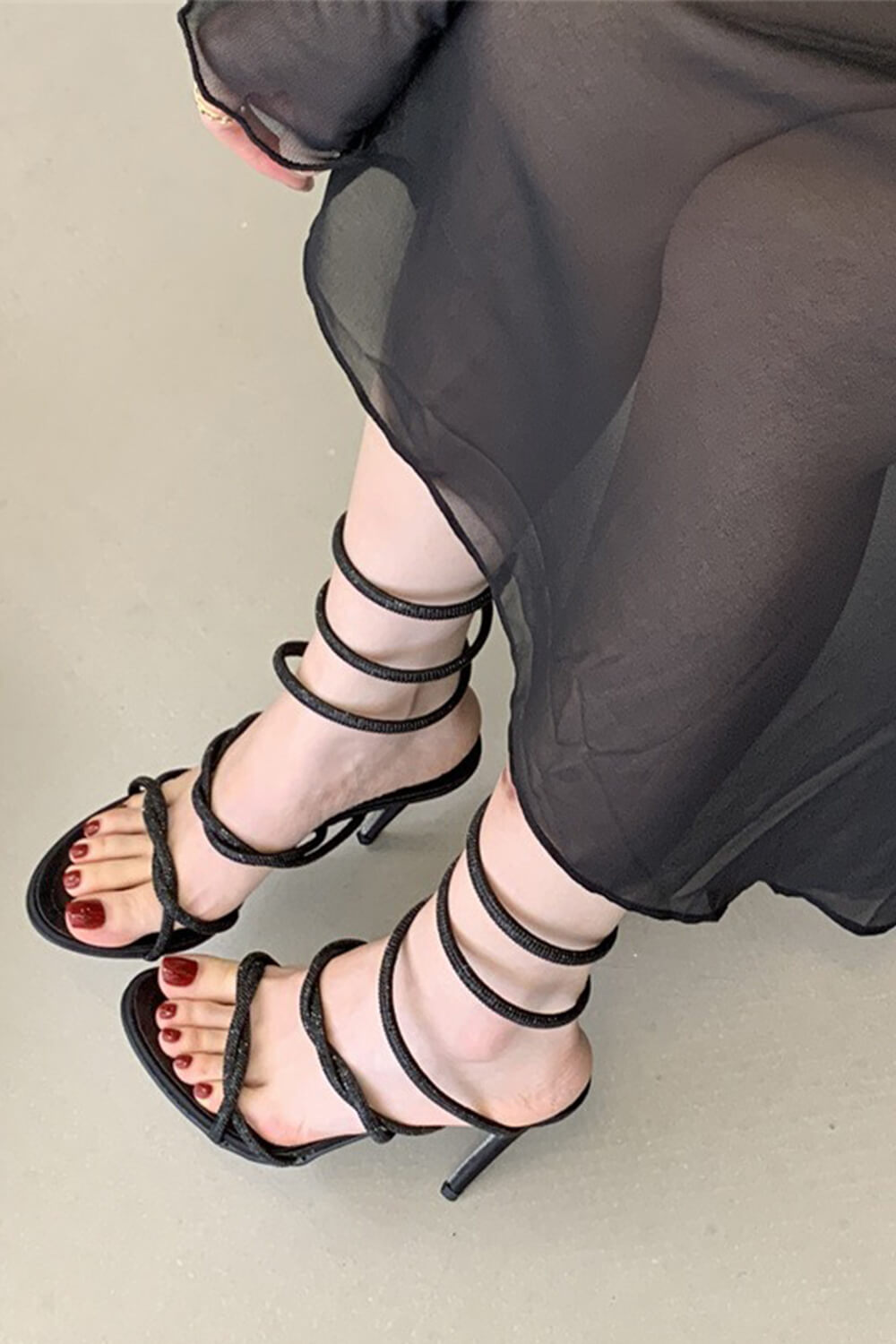 Crystal-Embellished Ankle Wrap Around Open Toe High Heel Sandals