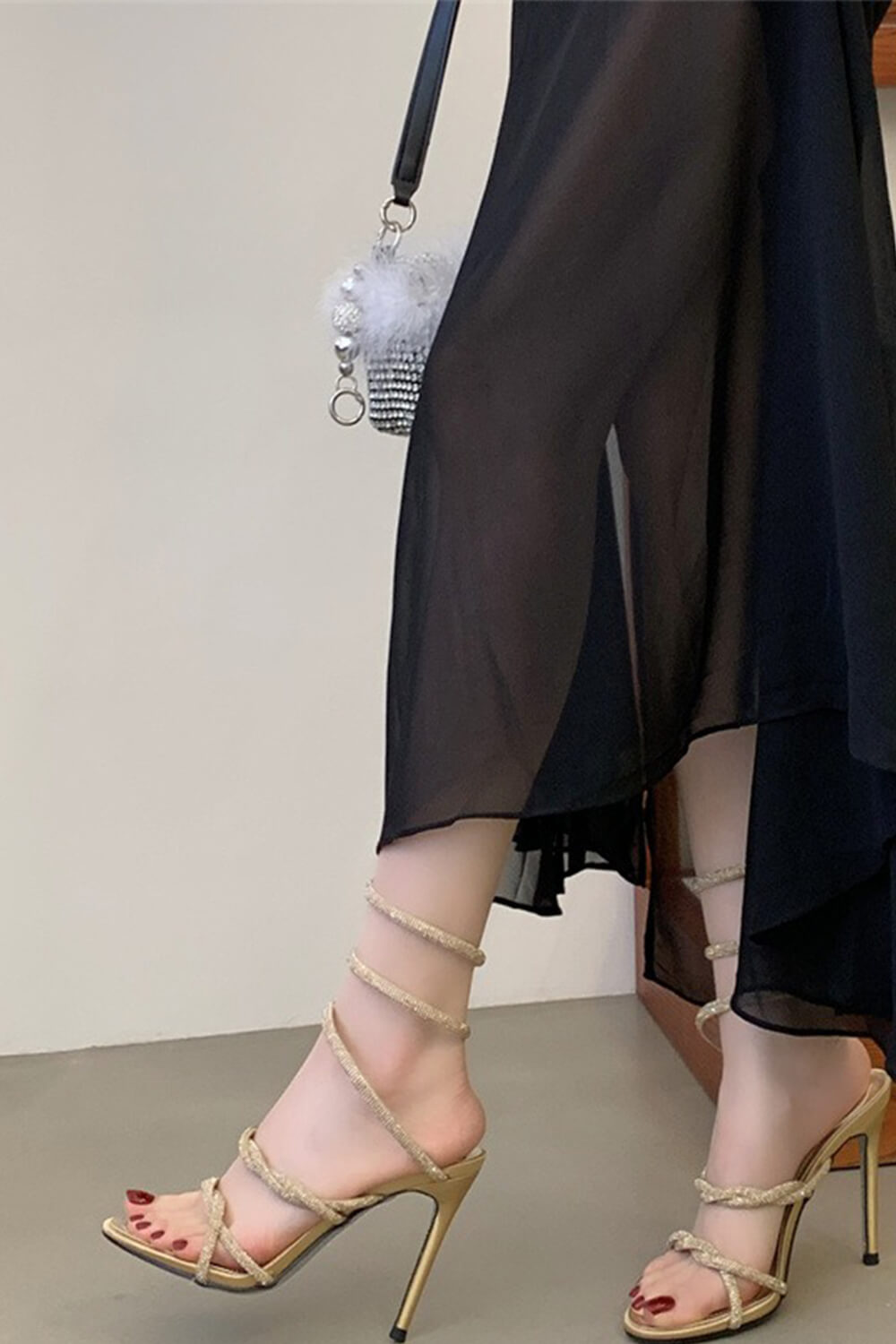 Crystal-Embellished Ankle Wrap Around Open Toe High Heel Sandals