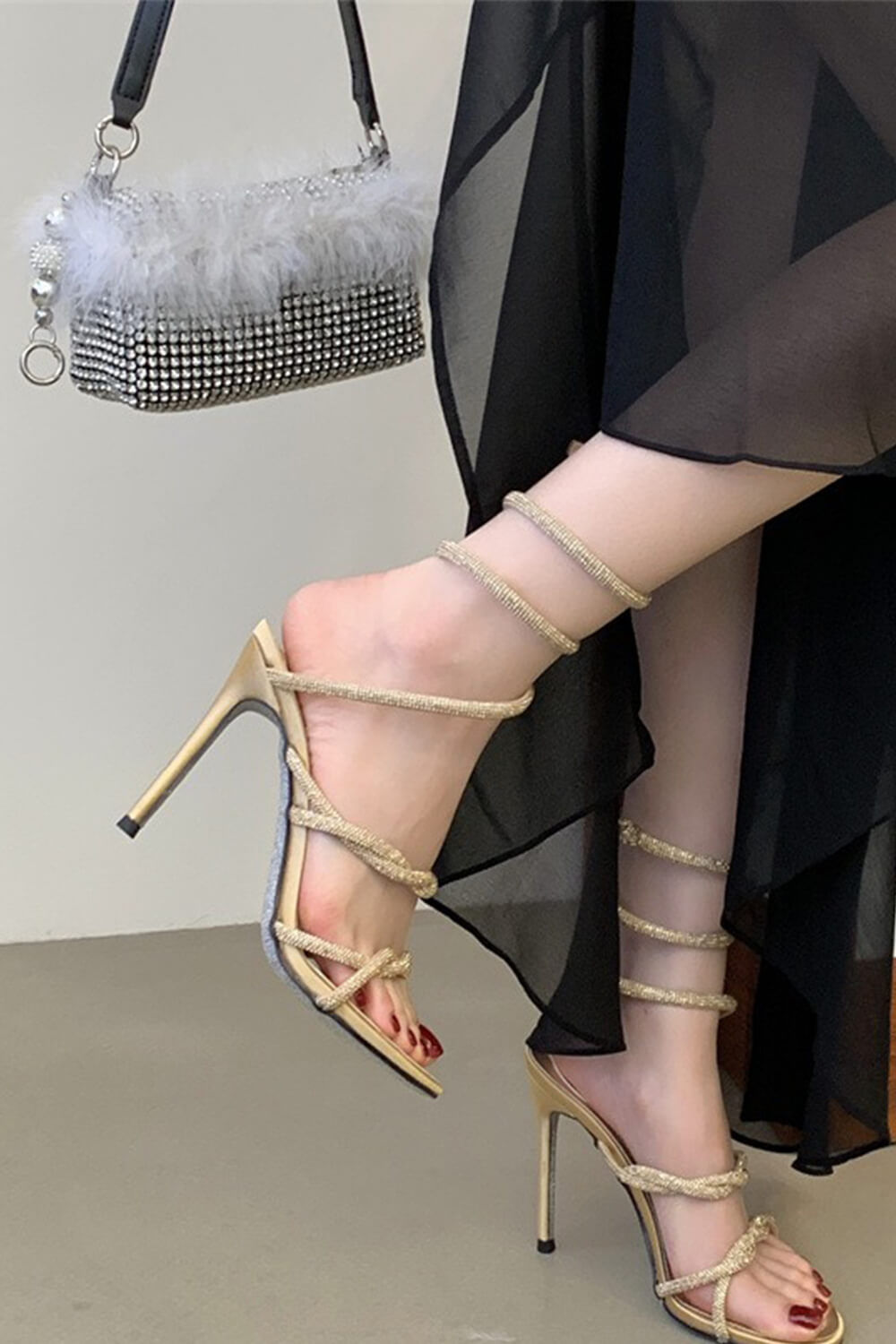 Crystal-Embellished Ankle Wrap Around Open Toe High Heel Sandals