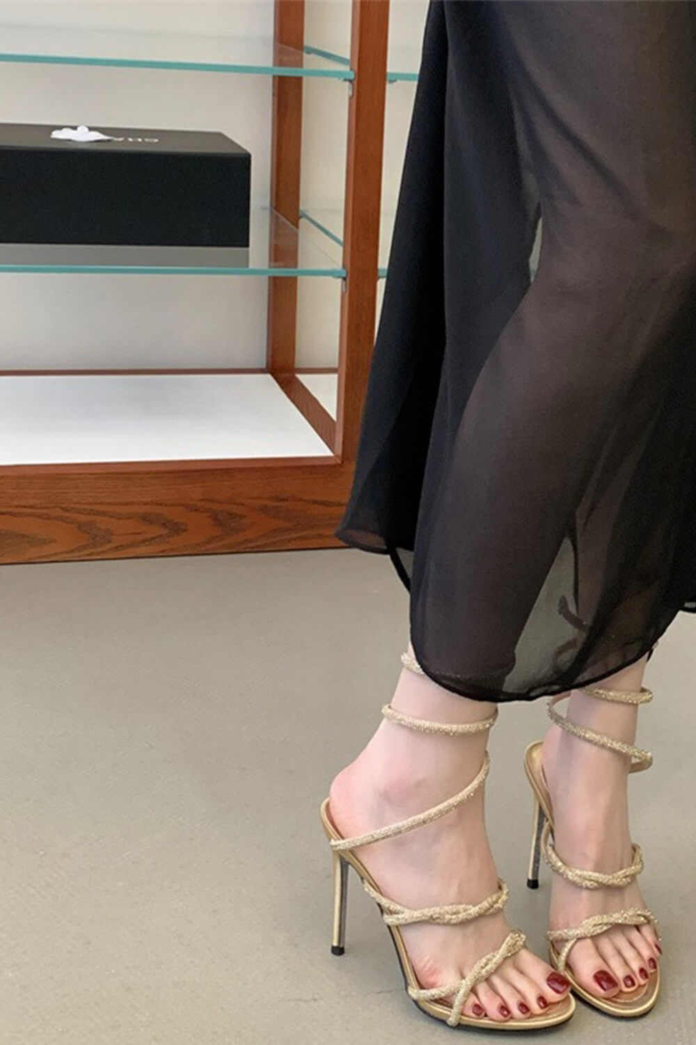 Crystal-Embellished Ankle Wrap Around Open Toe High Heel Sandals