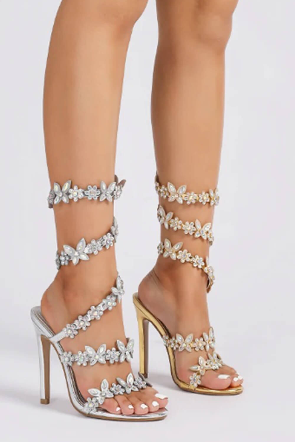 Flower Rhinestone-Embellished Around The Ankle Coil Stiletto Heel Sandals