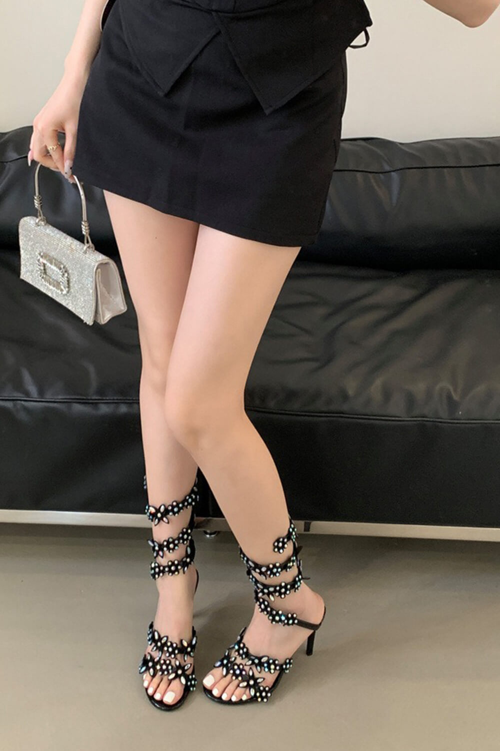 Flower Rhinestone-Embellished Around The Ankle Coil Stiletto Heel Sandals